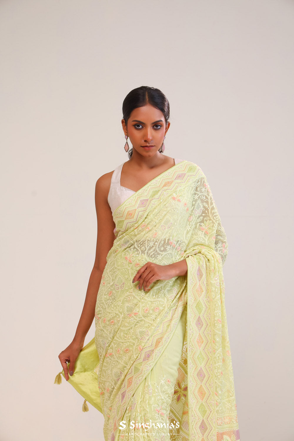 Gin Green Georgette Lucknowi Saree