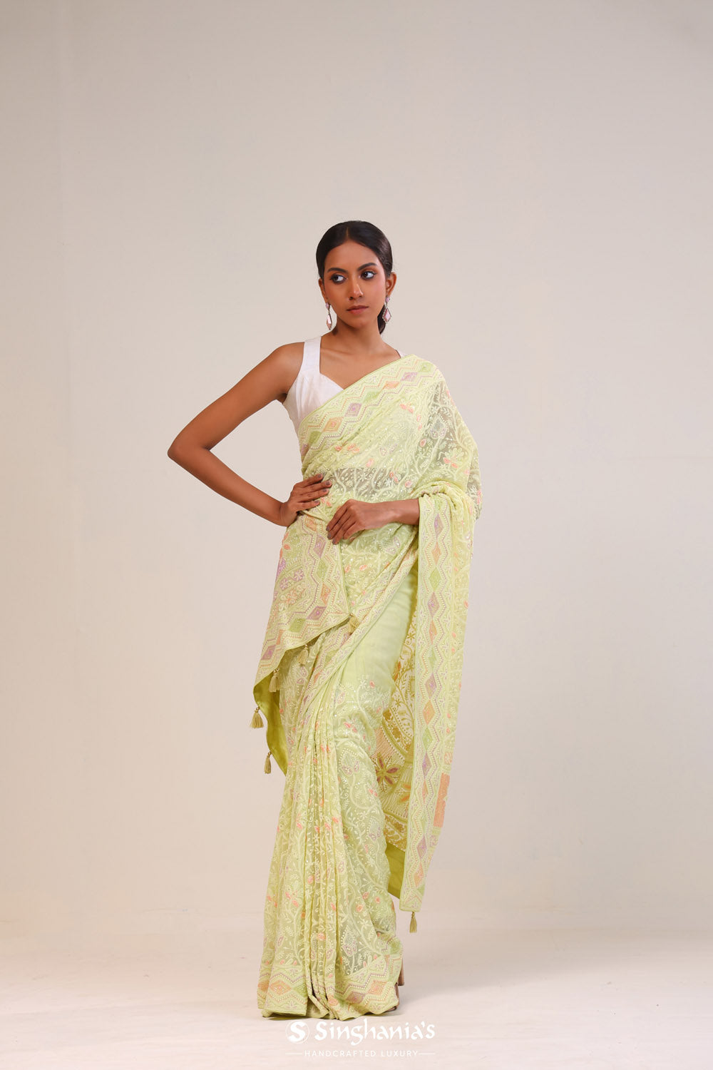 Gin Green Georgette Lucknowi Saree