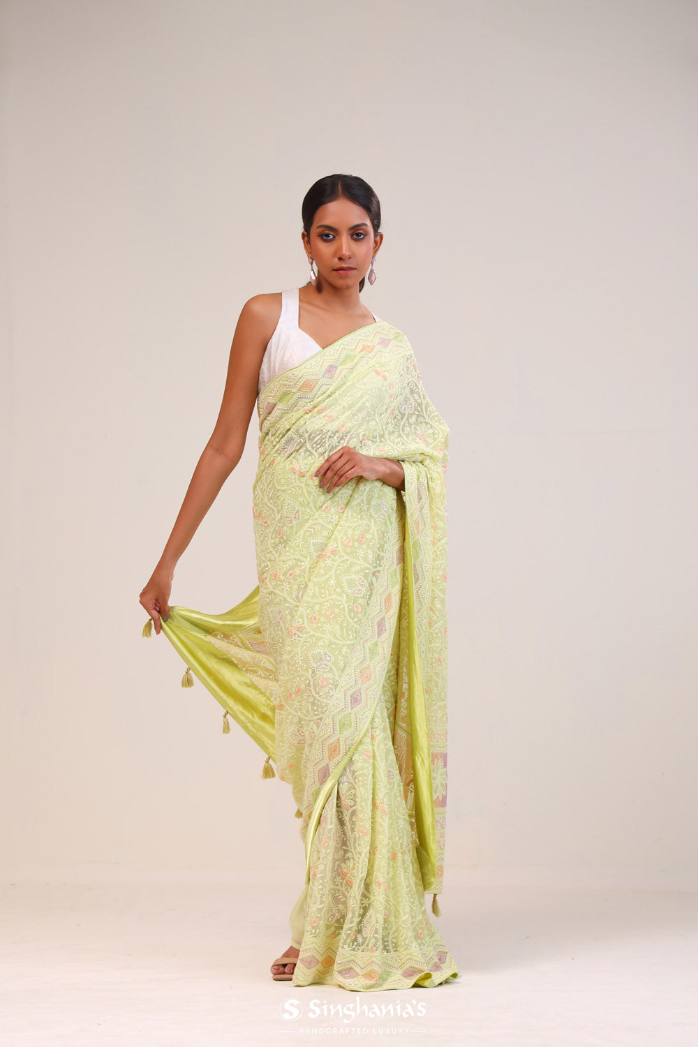 Gin Green Georgette Lucknowi Saree