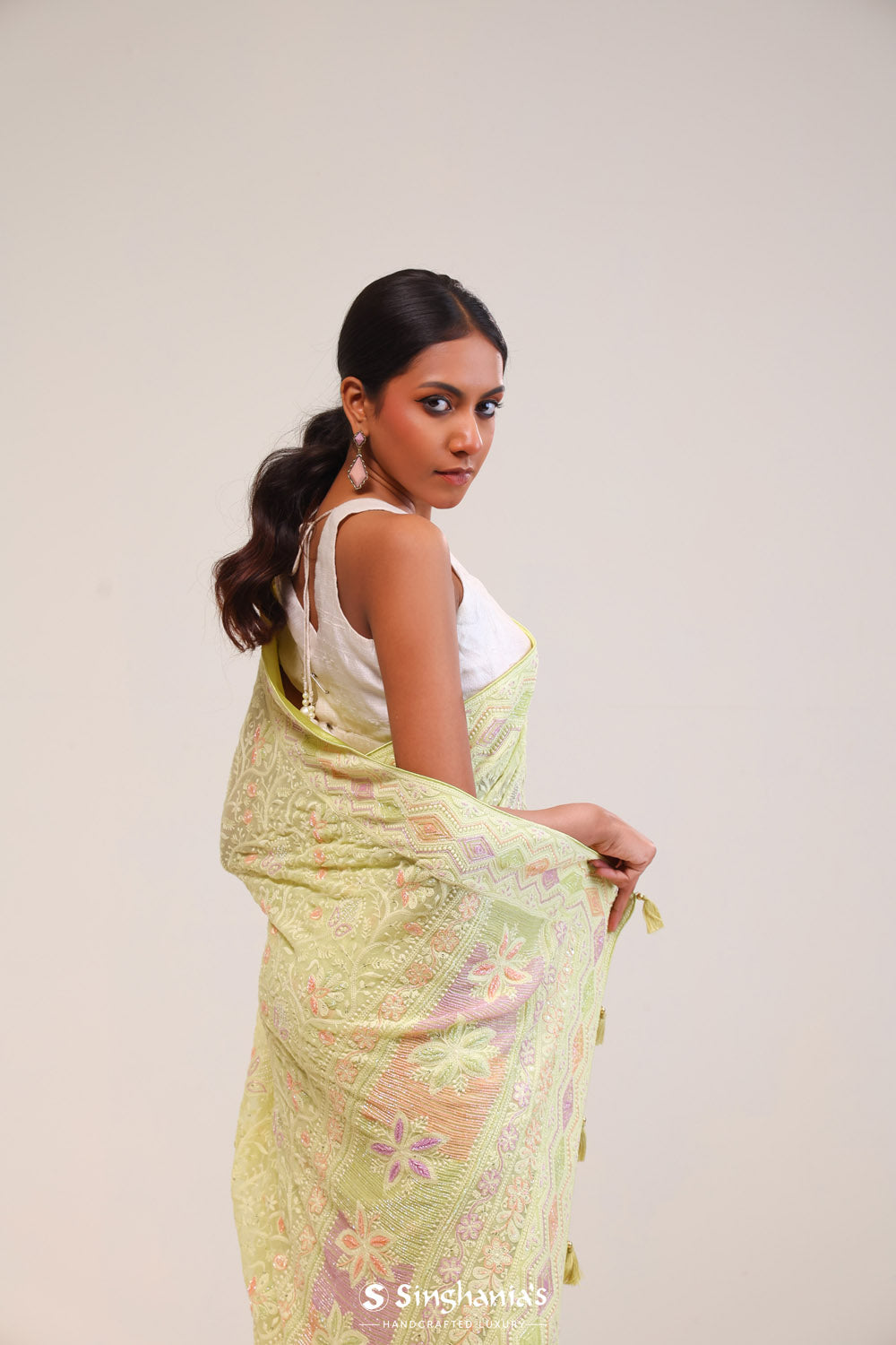 Gin Green Georgette Lucknowi Saree