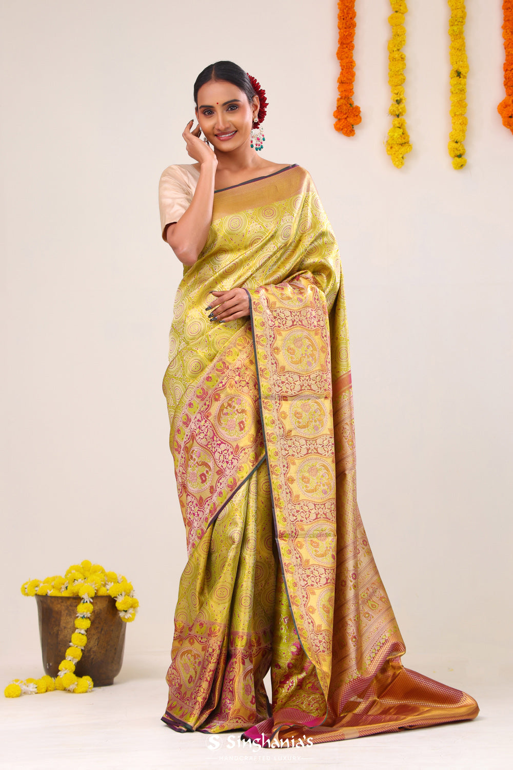 Lime Green Chakra Kanjivaram Silk Saree