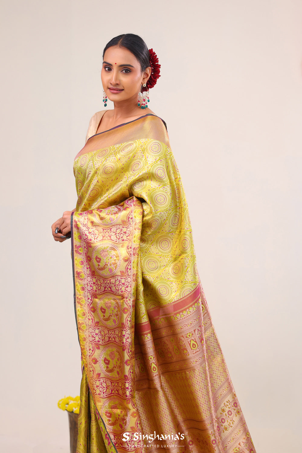 Lime Green Chakra Kanjivaram Silk Saree