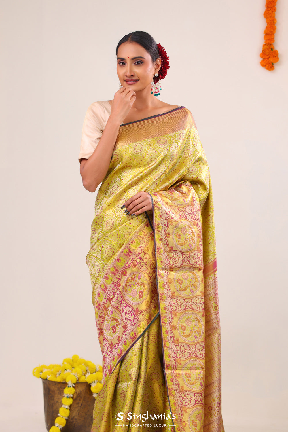 Lime Green Chakra Kanjivaram Silk Saree