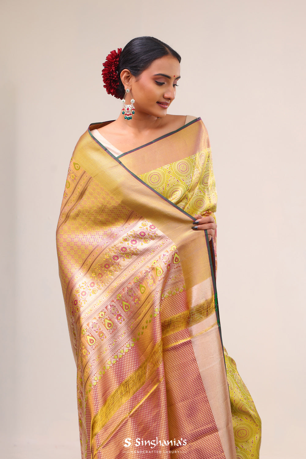 Lime Green Chakra Kanjivaram Silk Saree