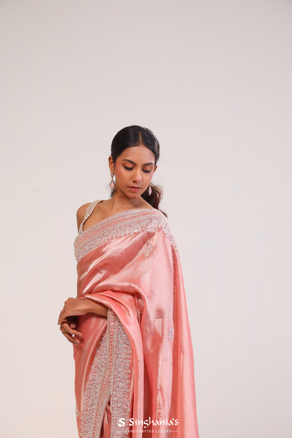 Pastel Peach Tissue Handcrafted Saree