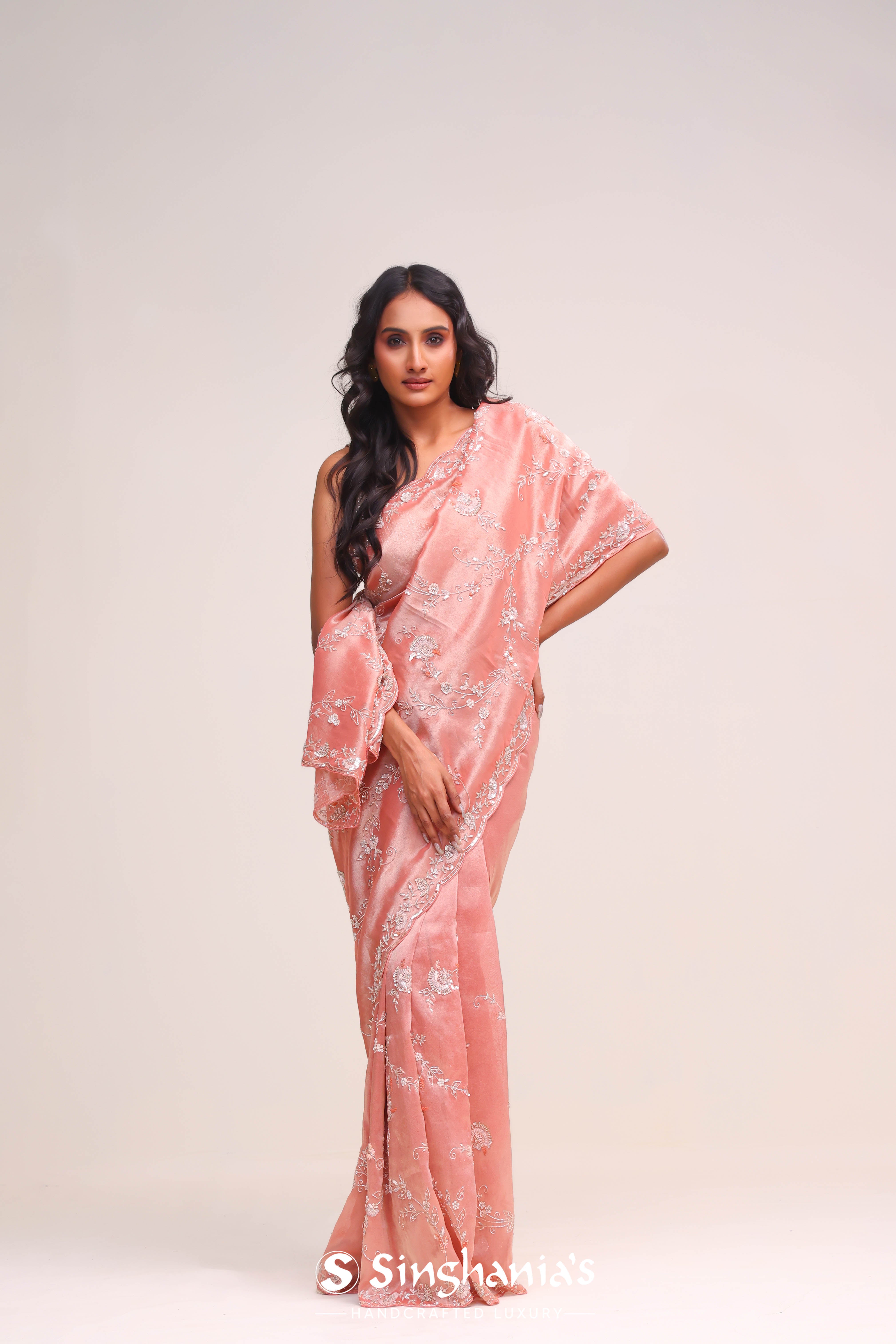 Strawberry Pink Tissue Handcrafted Saree