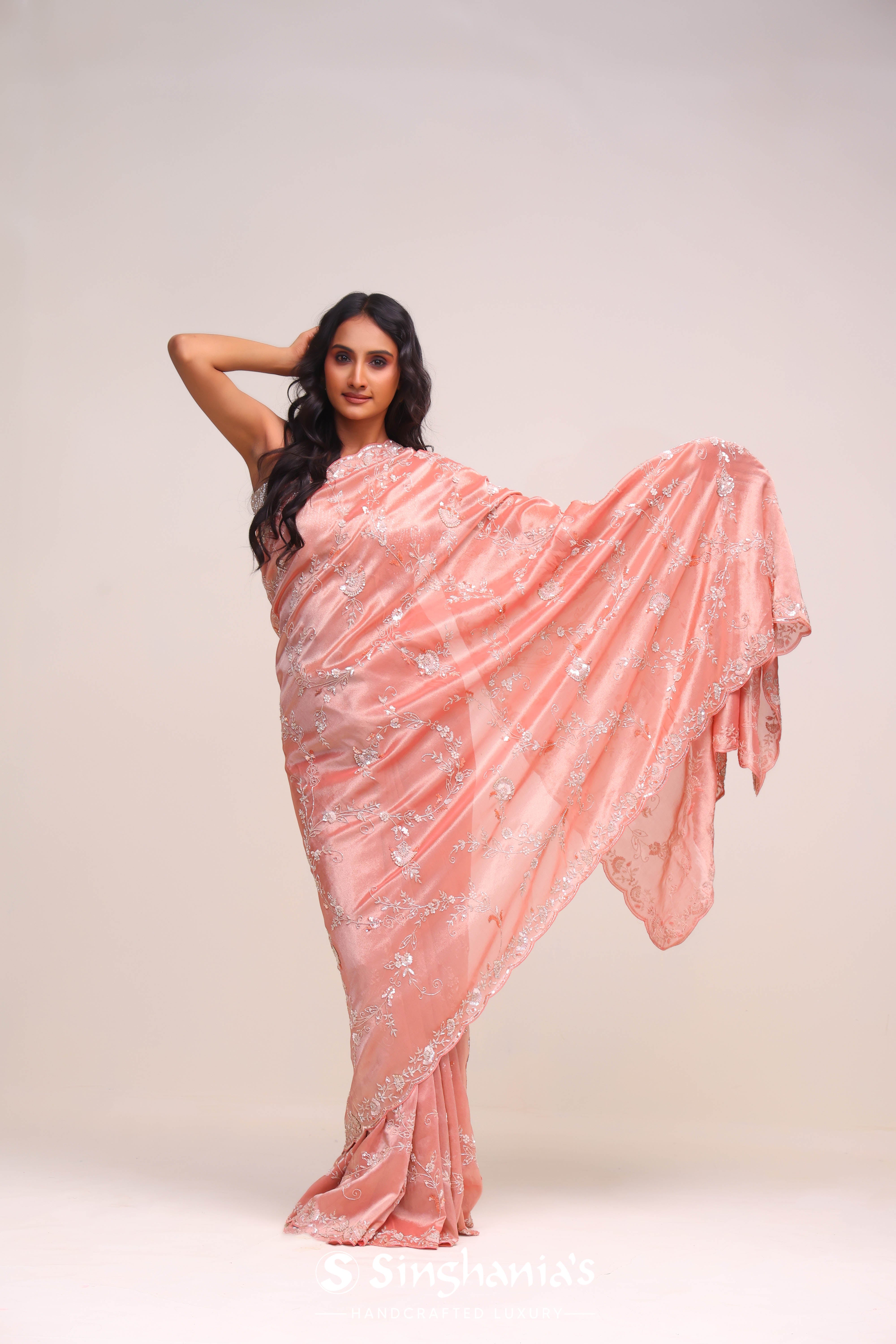 Strawberry Pink Tissue Handcrafted Saree