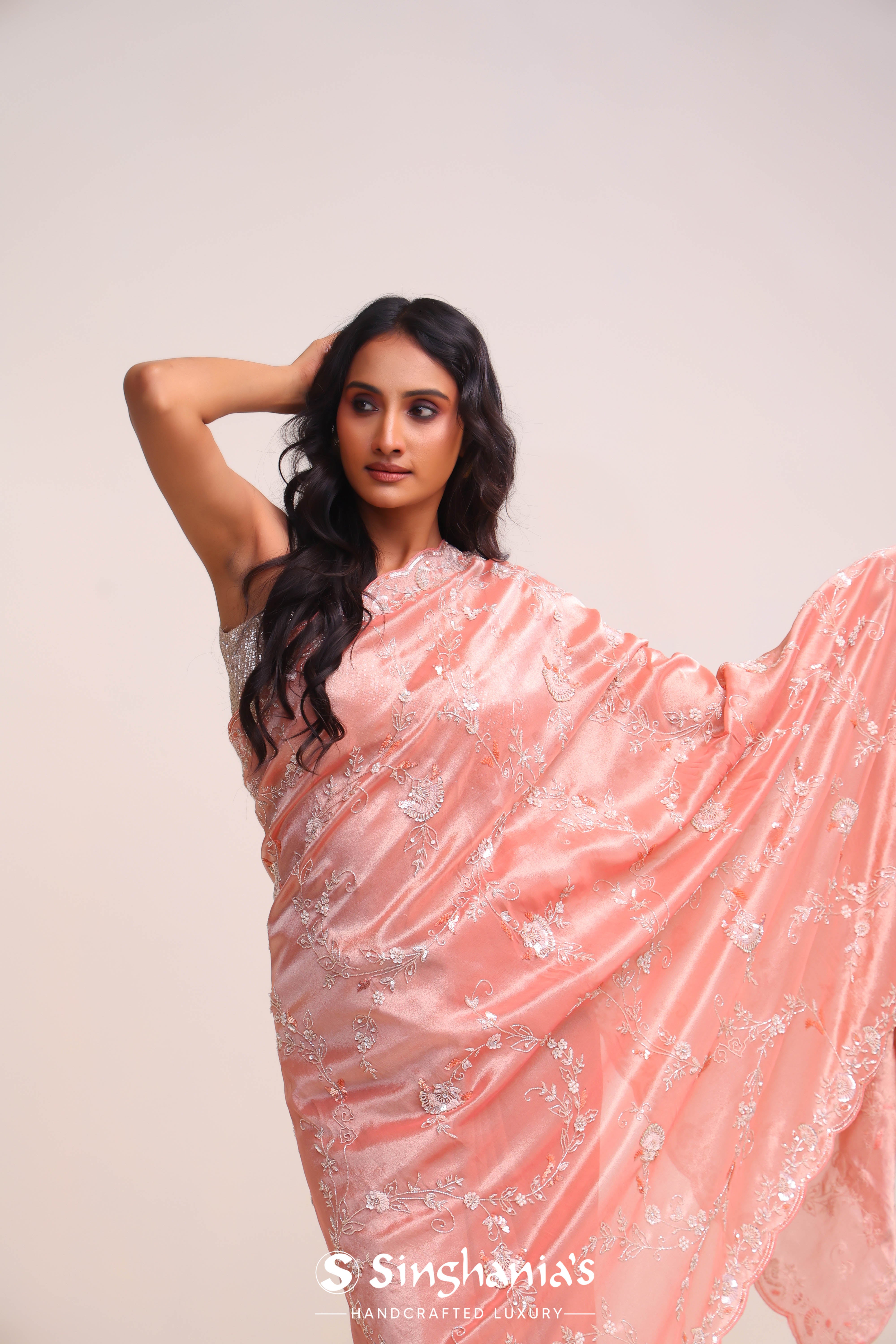 Strawberry Pink Tissue Handcrafted Saree