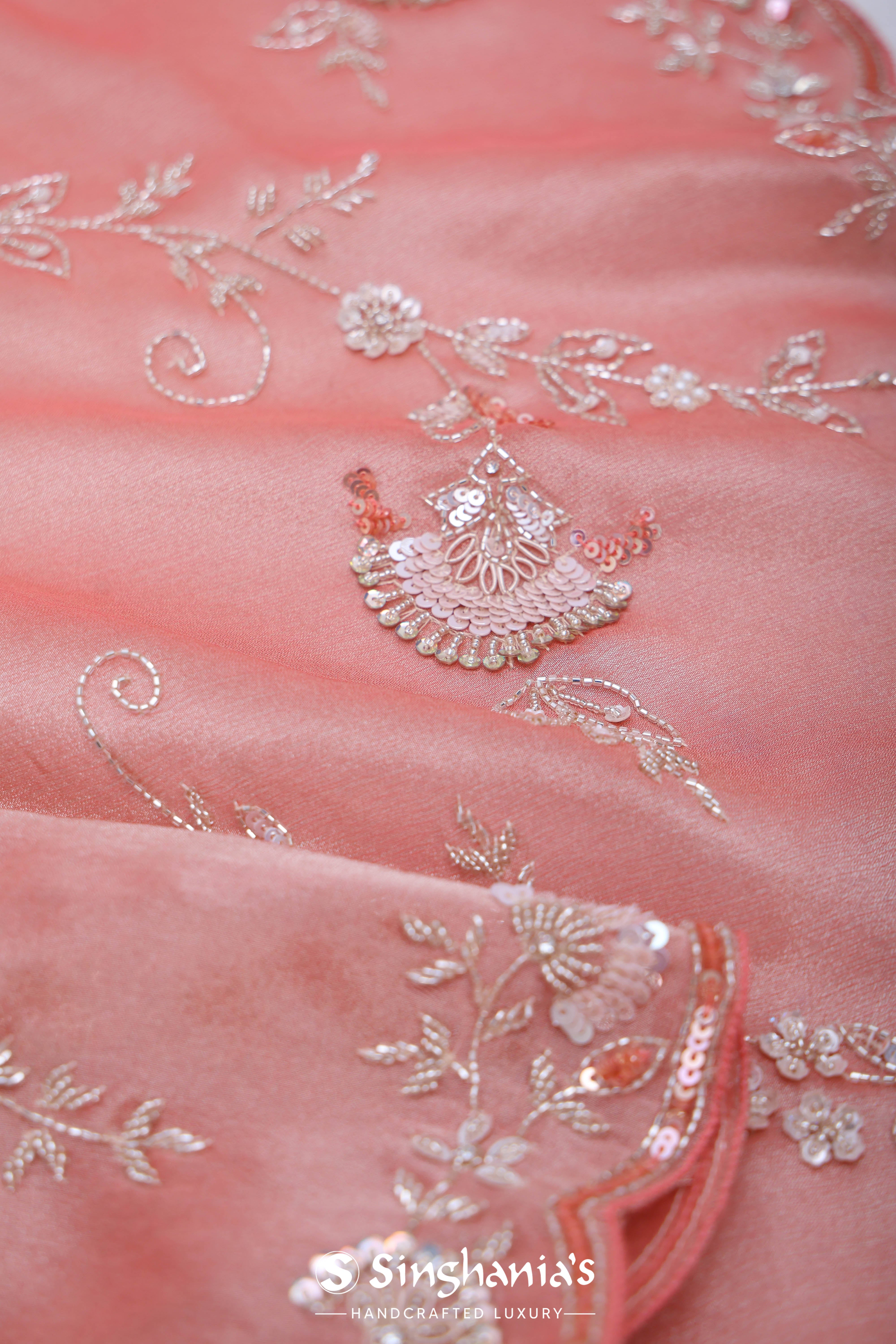 Strawberry Pink Tissue Handcrafted Saree