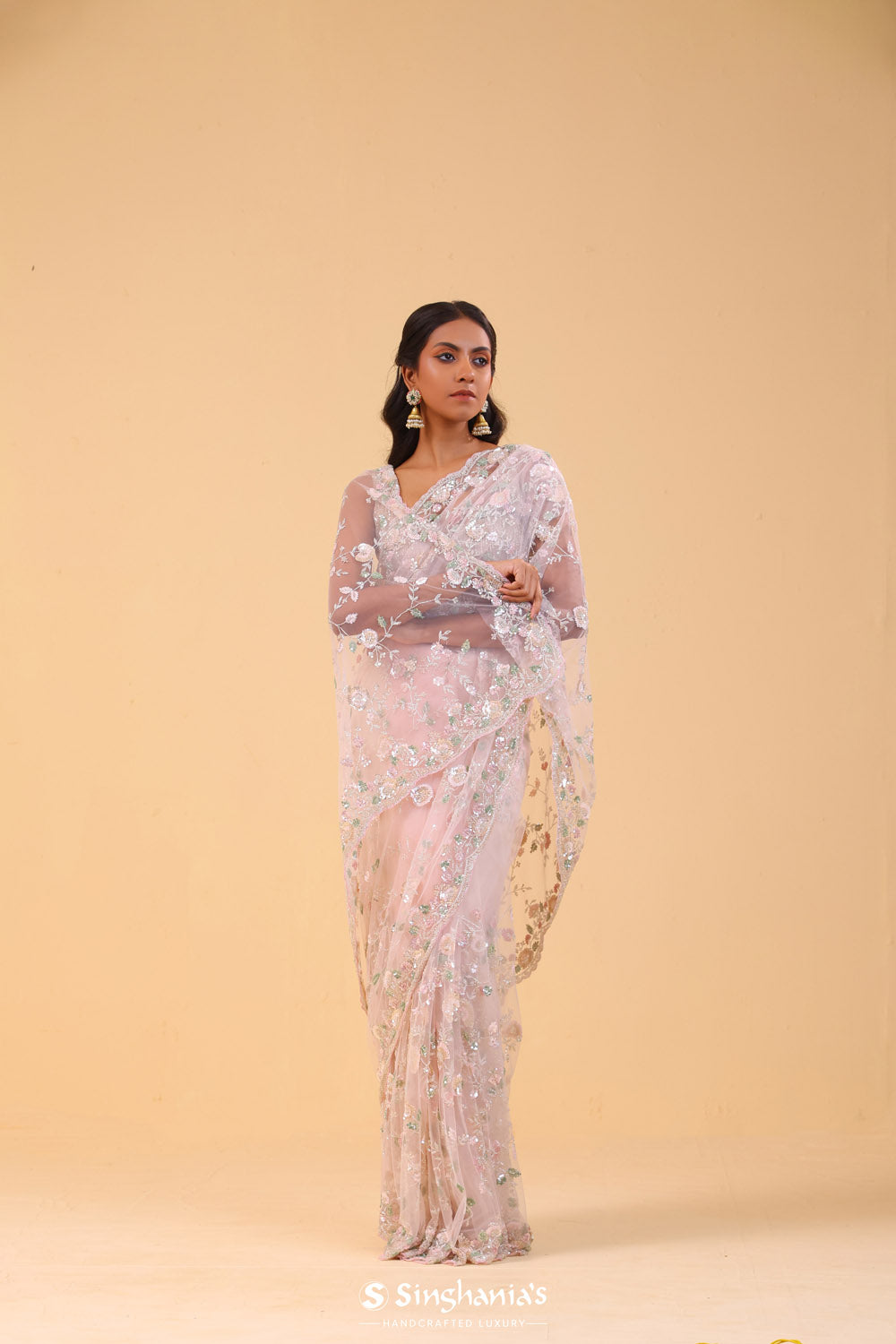 Pale Pink Net Handcrafted Saree