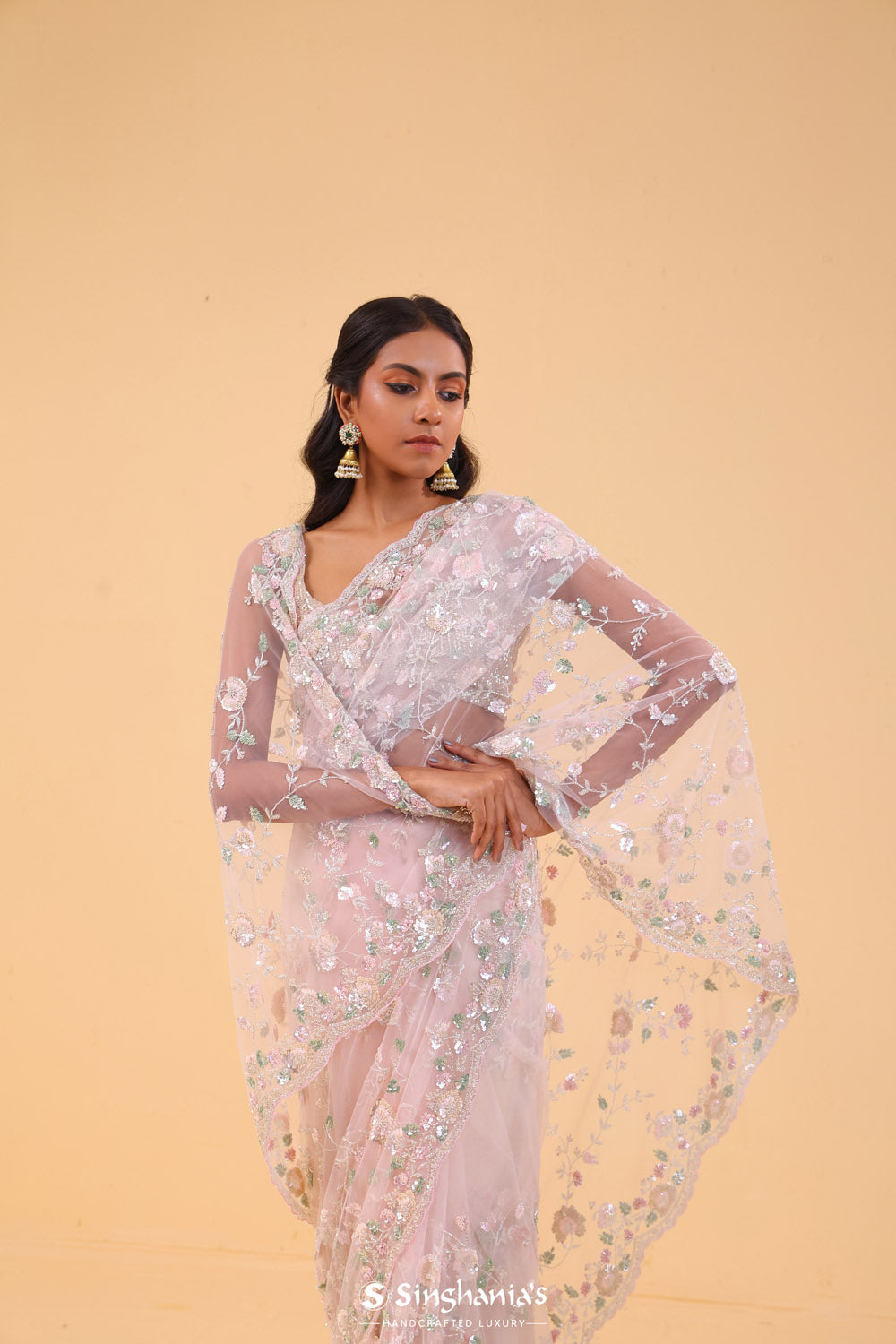 Pale Pink Net Handcrafted Saree