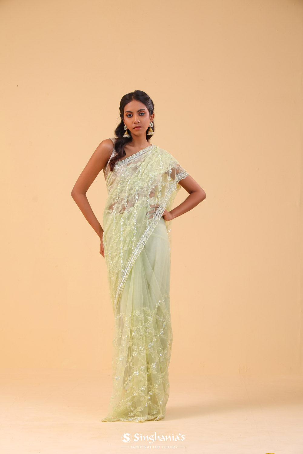 Yellow Green Net Handcrafted Saree