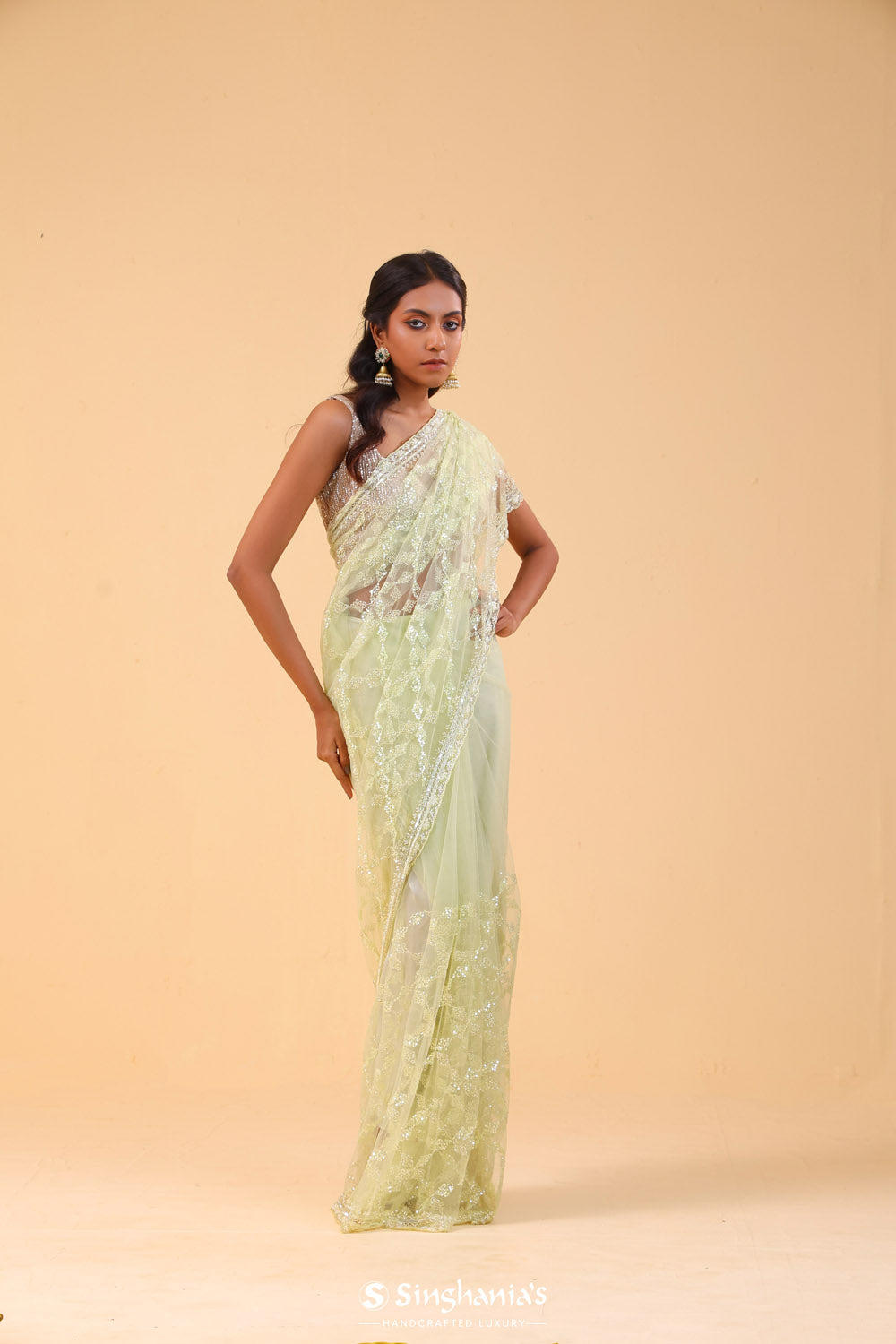 Yellow Green Net Handcrafted Saree