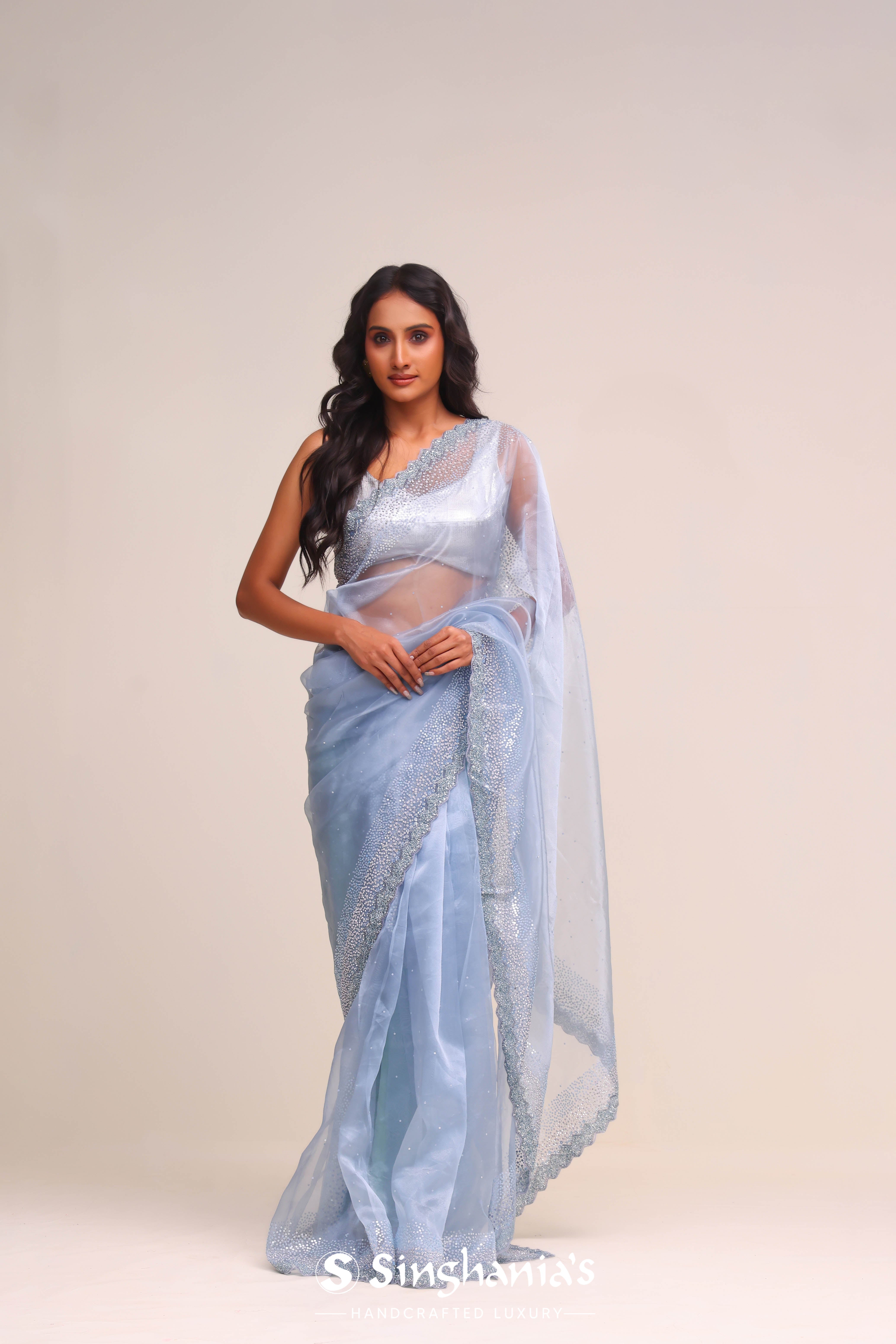 Ruddy Blue Tissue Handcrafted Saree