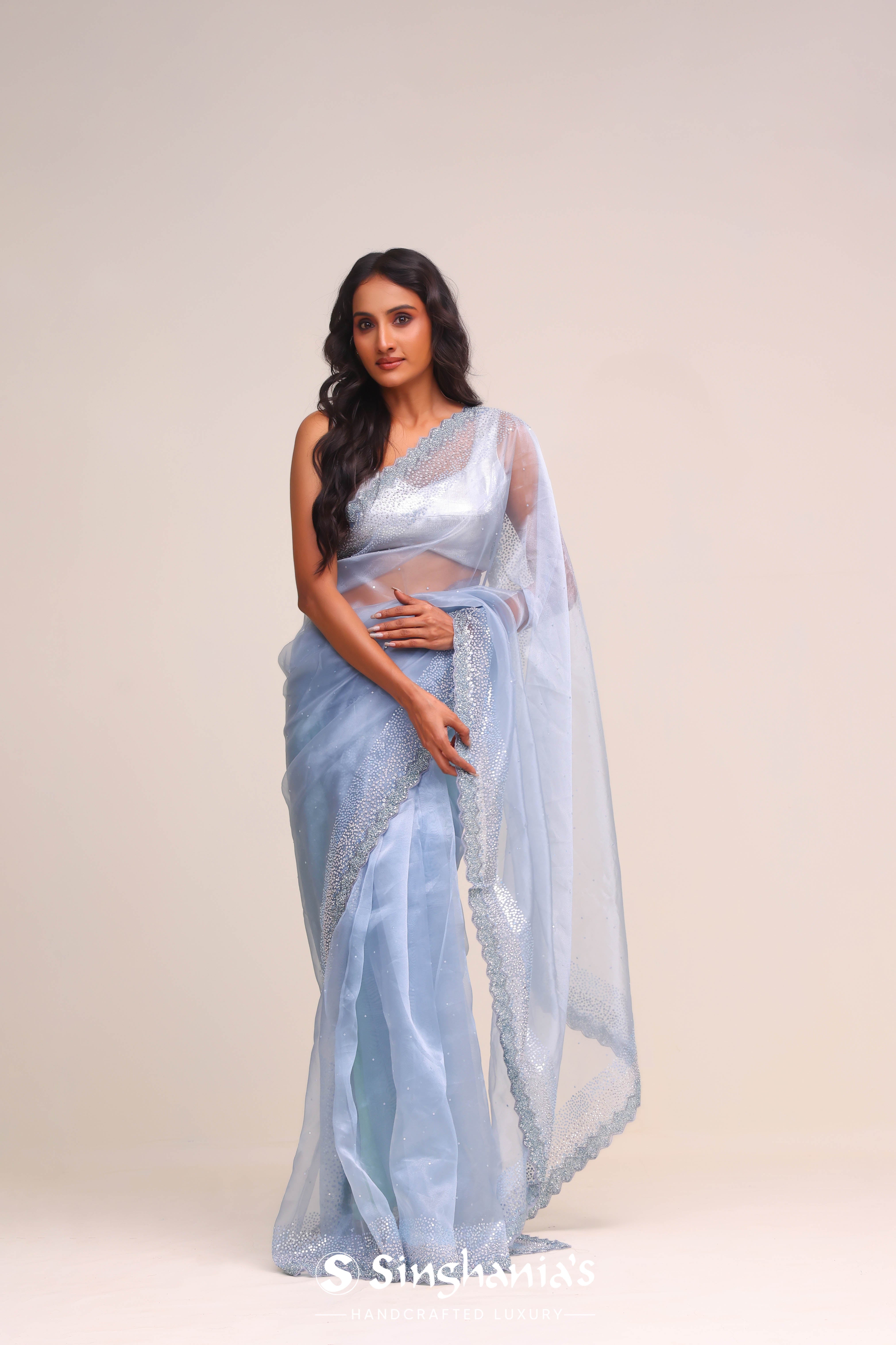 Ruddy Blue Tissue Handcrafted Saree