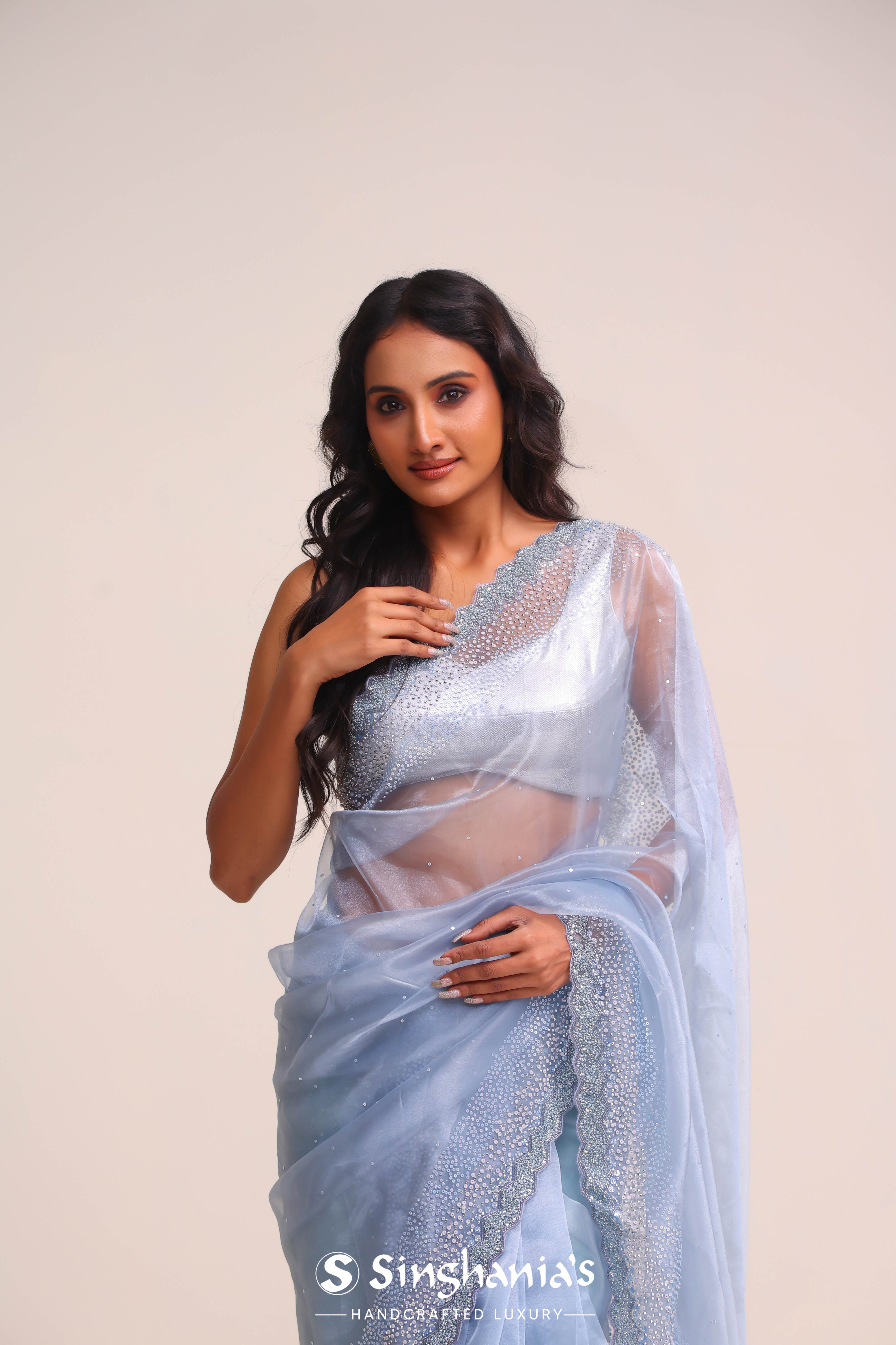 Ruddy Blue Tissue Handcrafted Saree