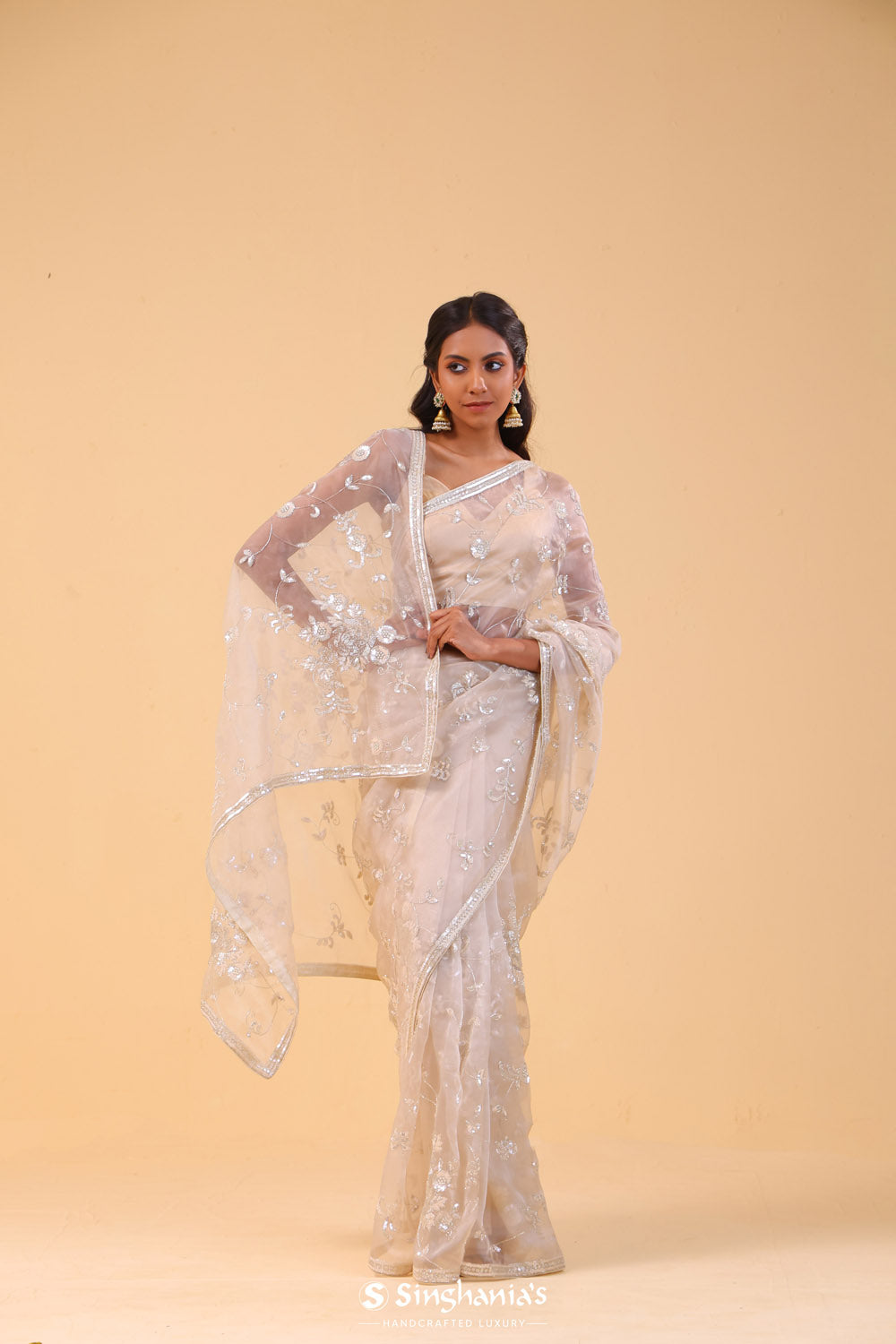 Pinkish White Tissue Handcrafted Saree