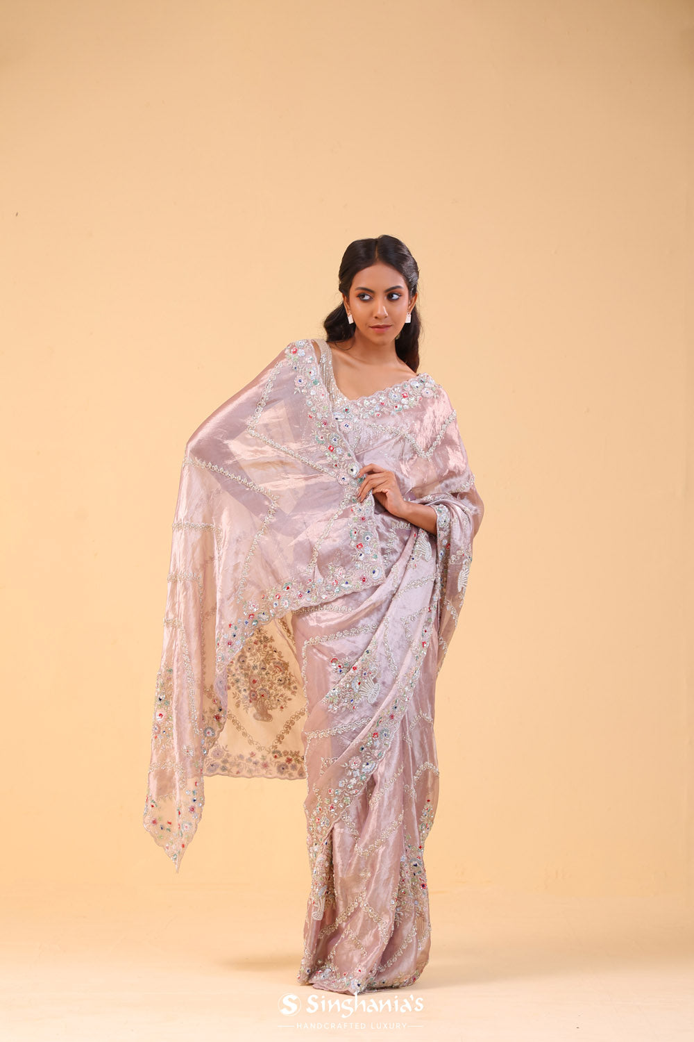 Pastel Pink Tissue Handcrafted Saree