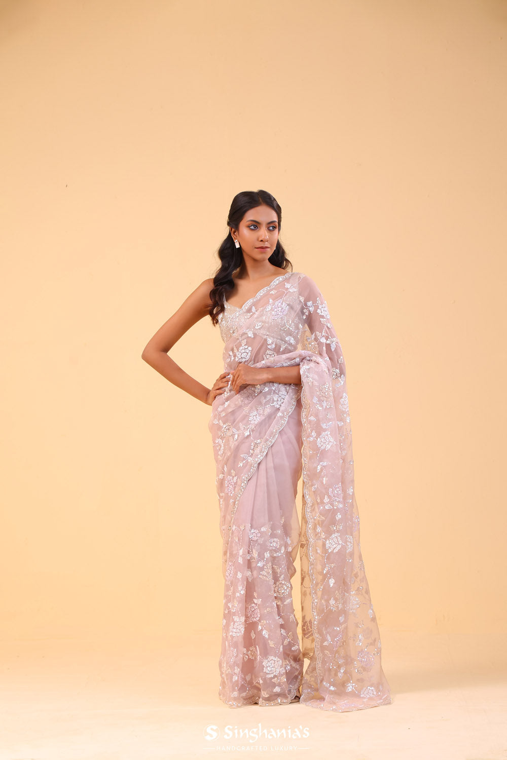 Soft Pink Organza Handcrafted Saree