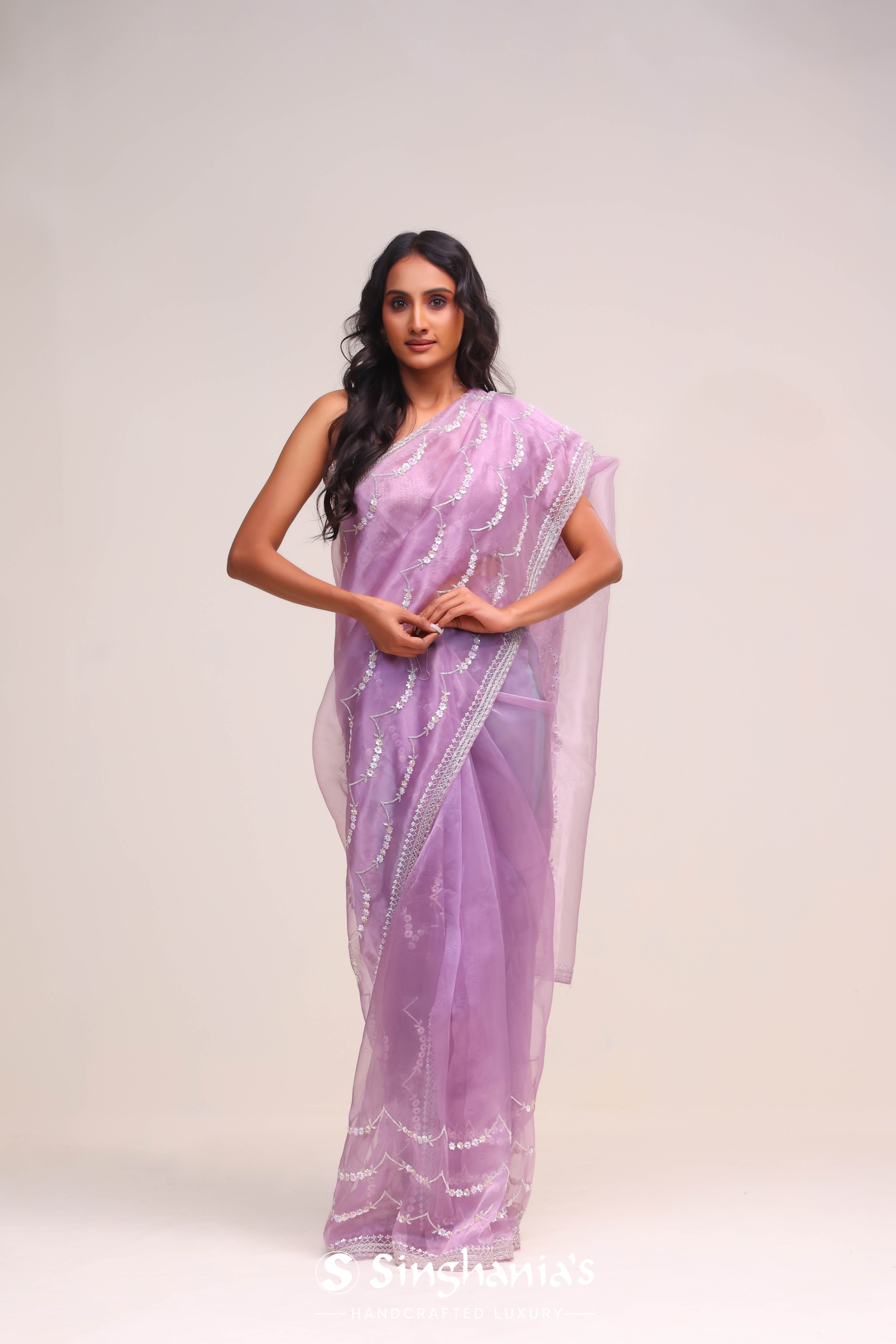 Lavender Purple Organza Handcrafted Saree