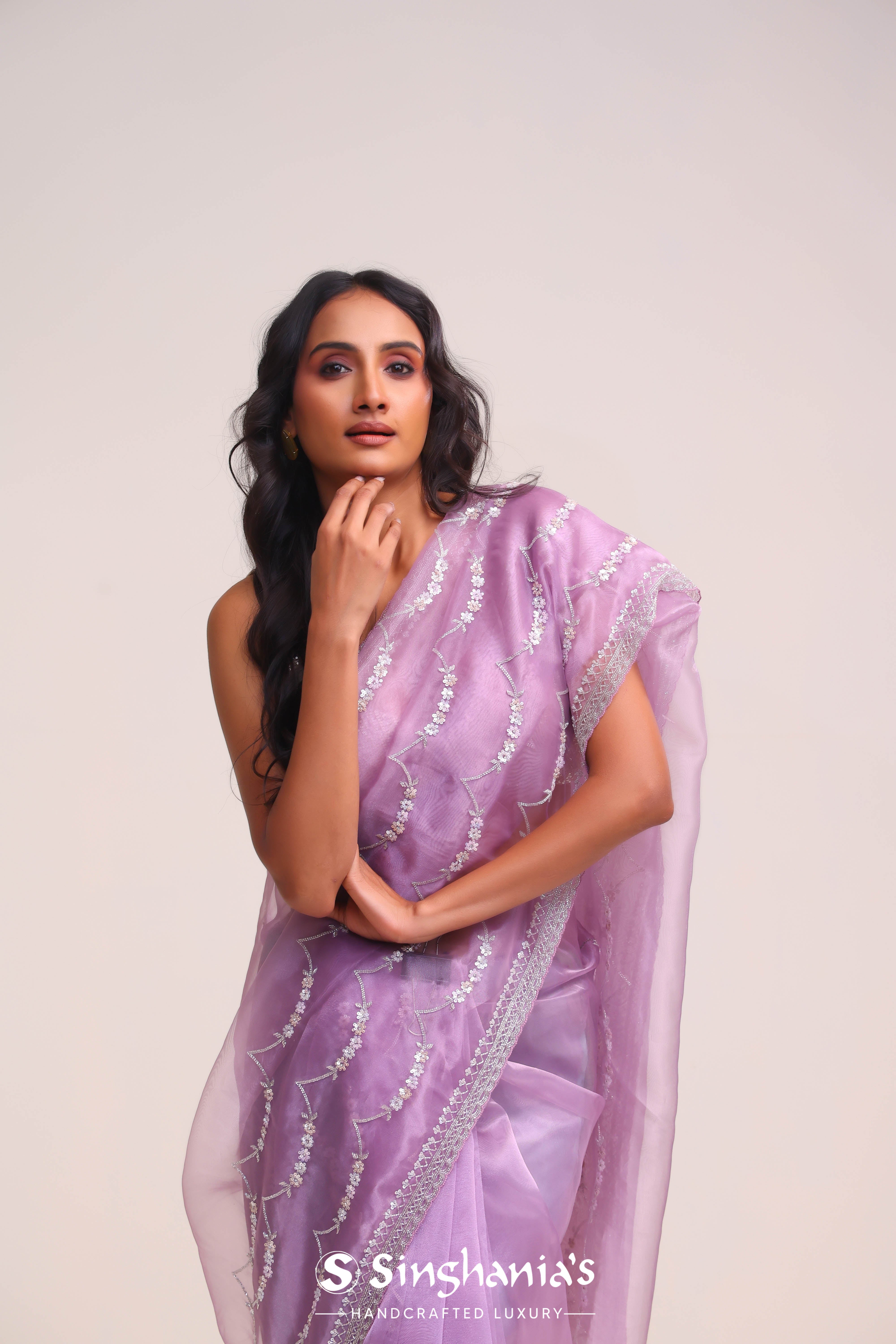 Lavender Purple Organza Handcrafted Saree