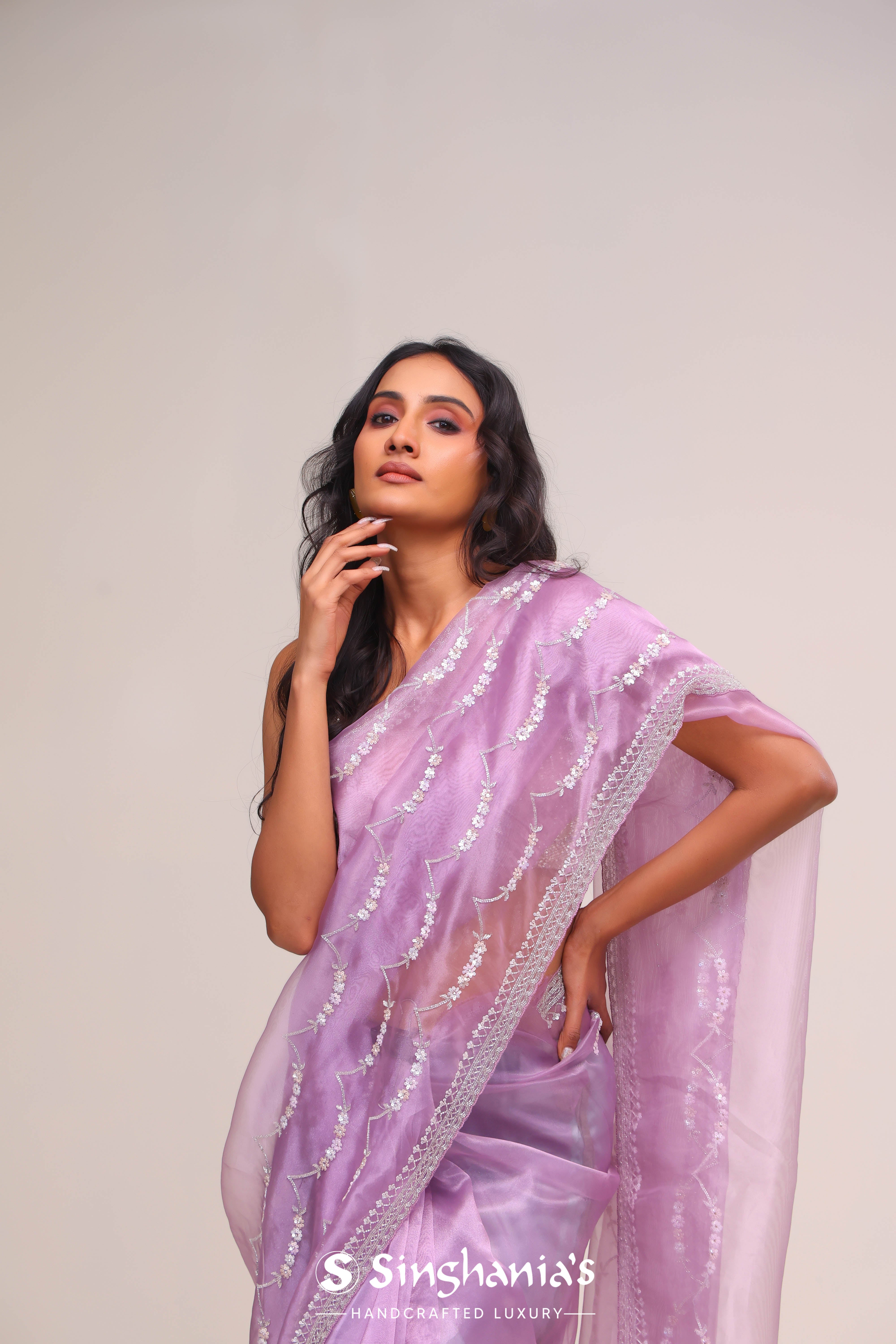 Lavender Purple Organza Handcrafted Saree