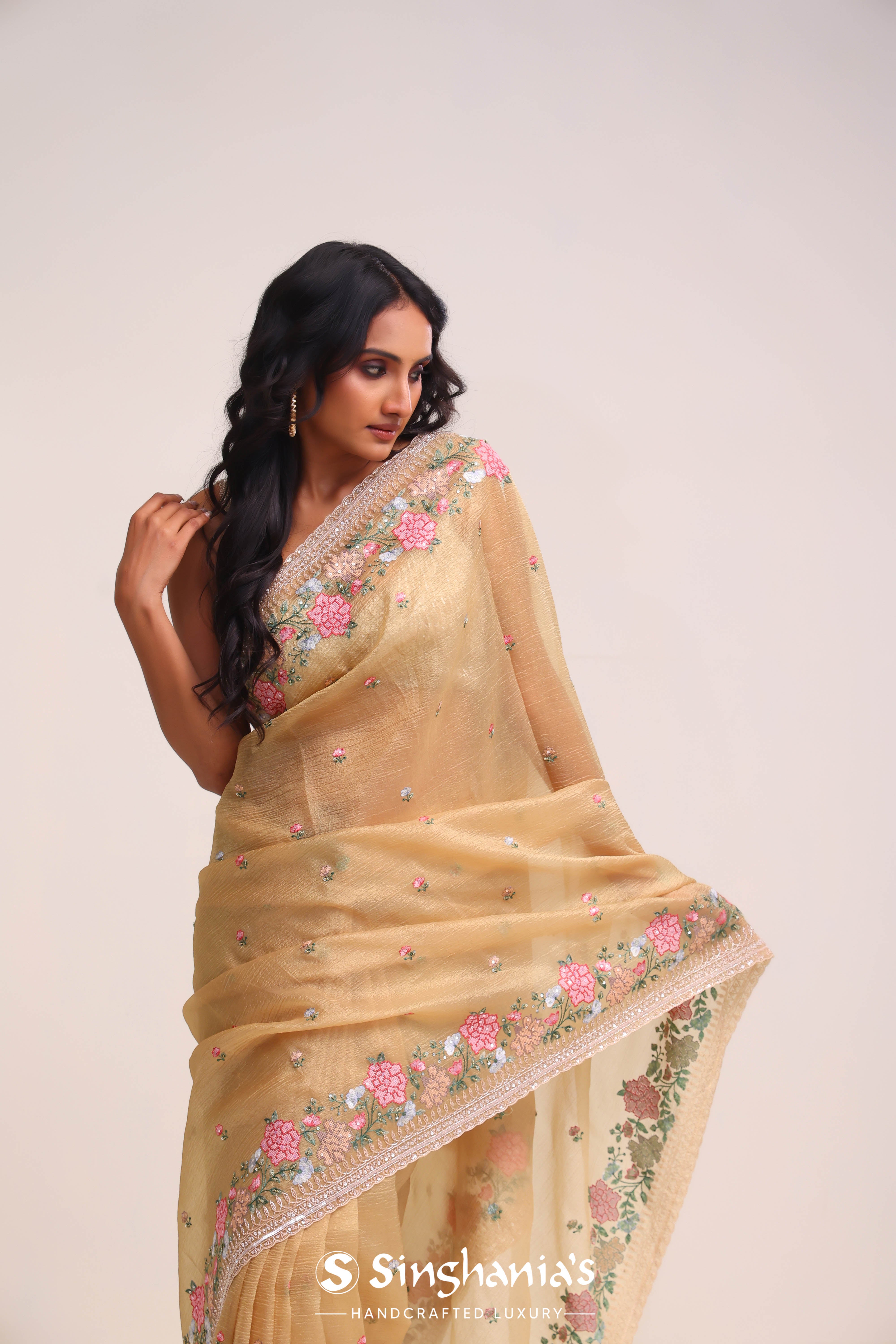 Golden Brown Tissue Handcrafted Saree