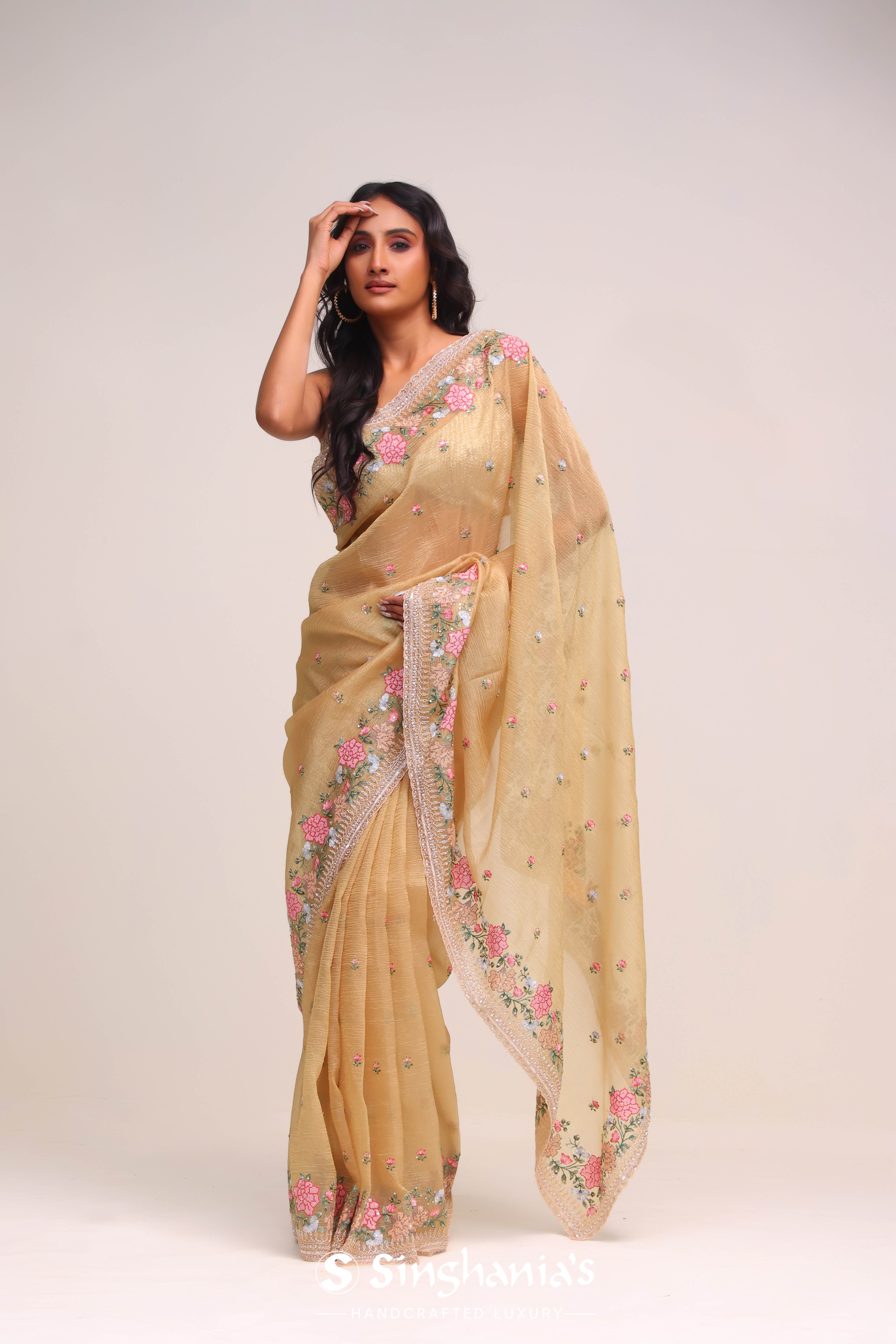 Golden Brown Tissue Handcrafted Saree