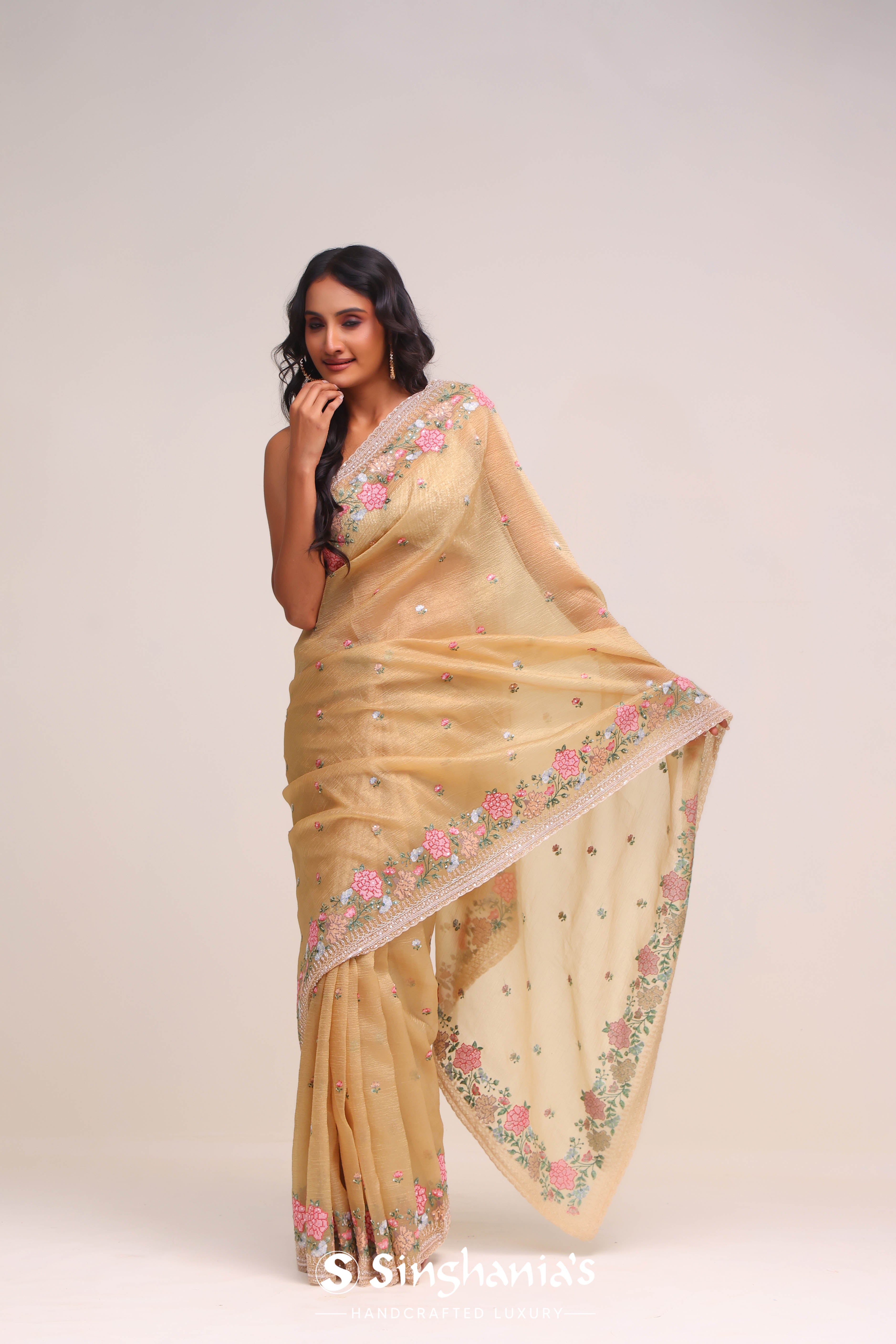 Golden Brown Tissue Handcrafted Saree