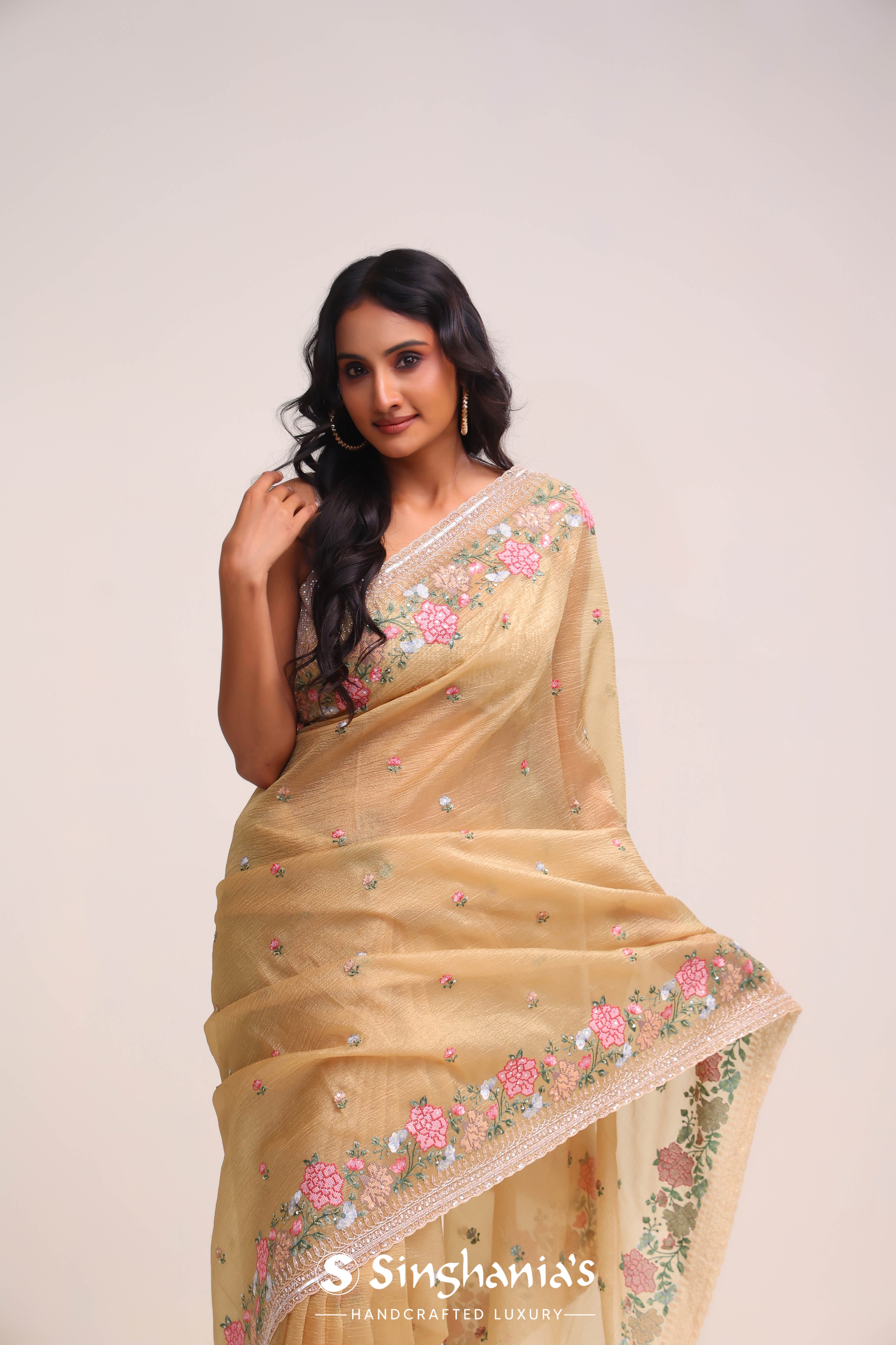 Golden Brown Tissue Handcrafted Saree