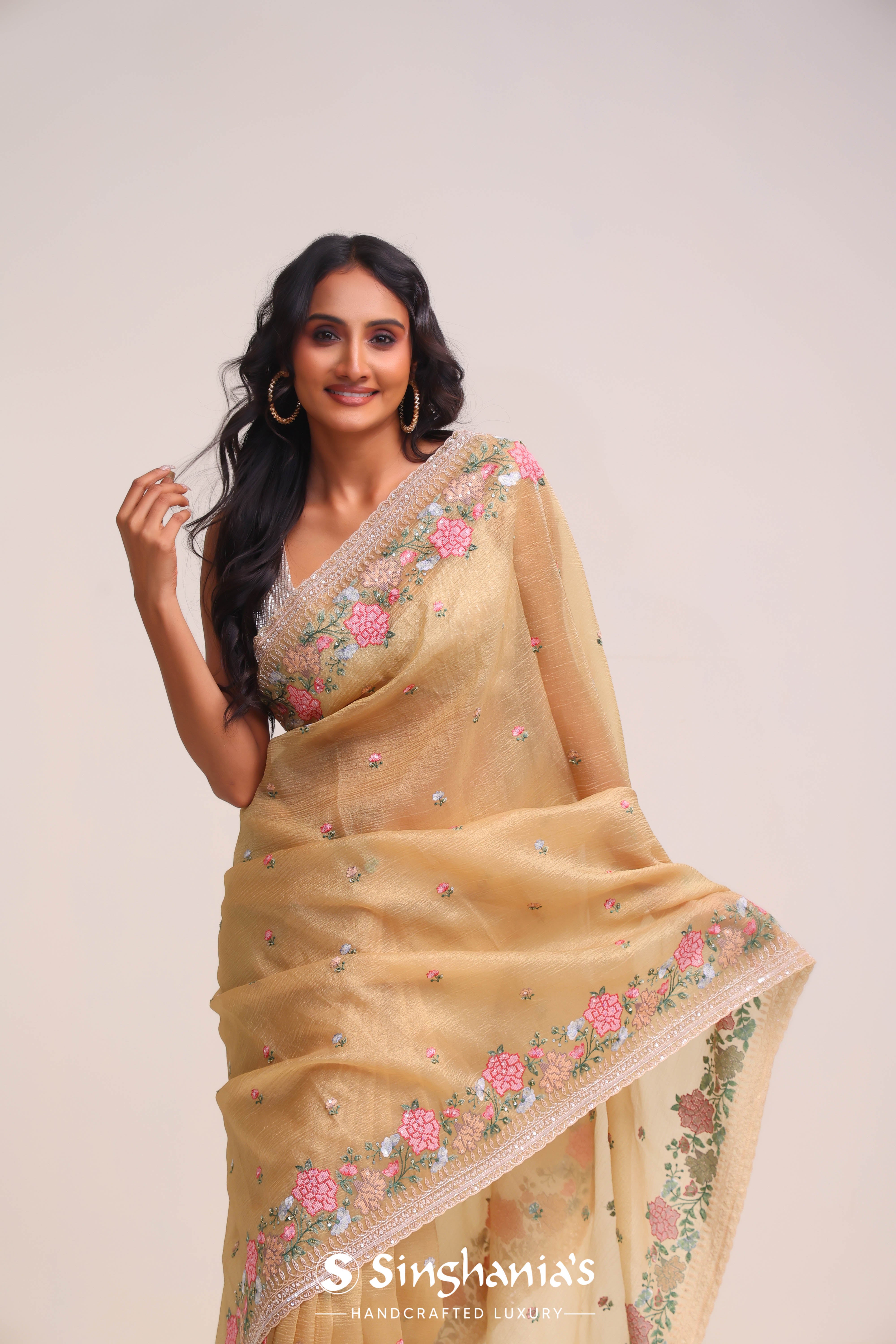 Golden Brown Tissue Handcrafted Saree