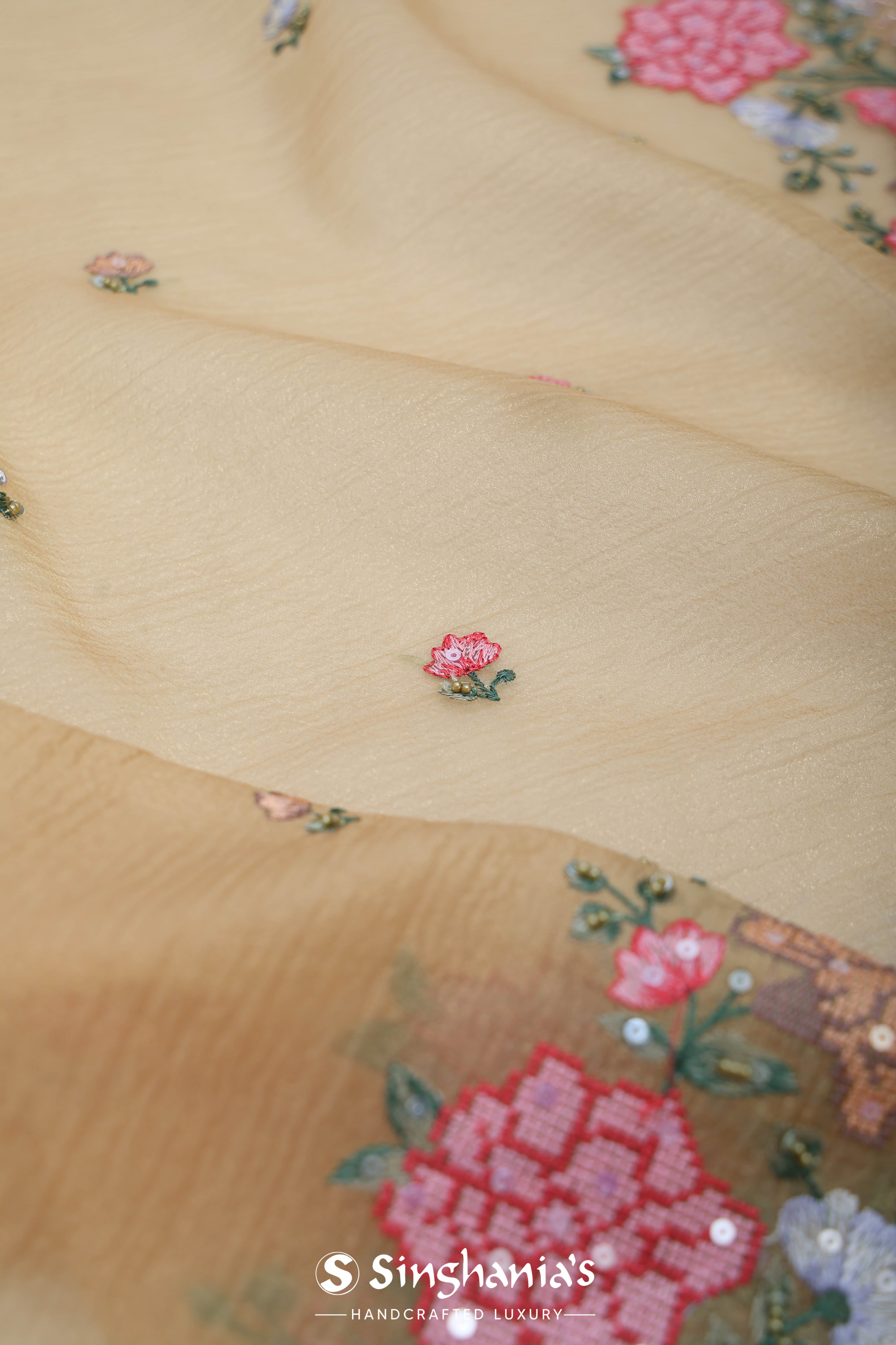 Golden Brown Tissue Handcrafted Saree