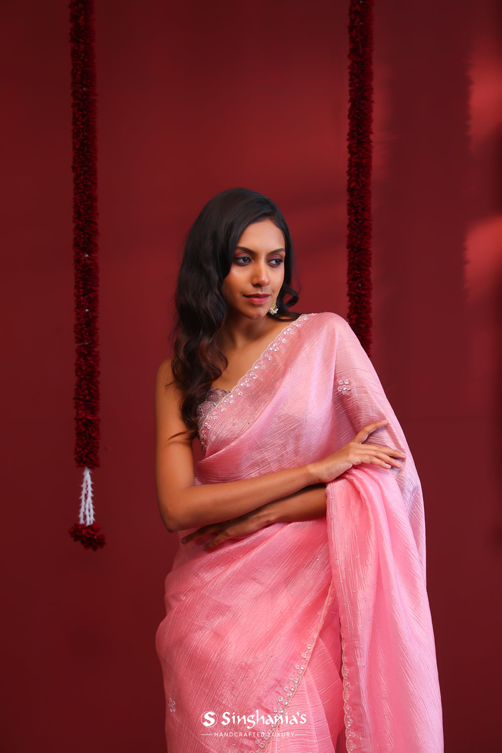 Shampoo Pink Handcrafted Organza Saree