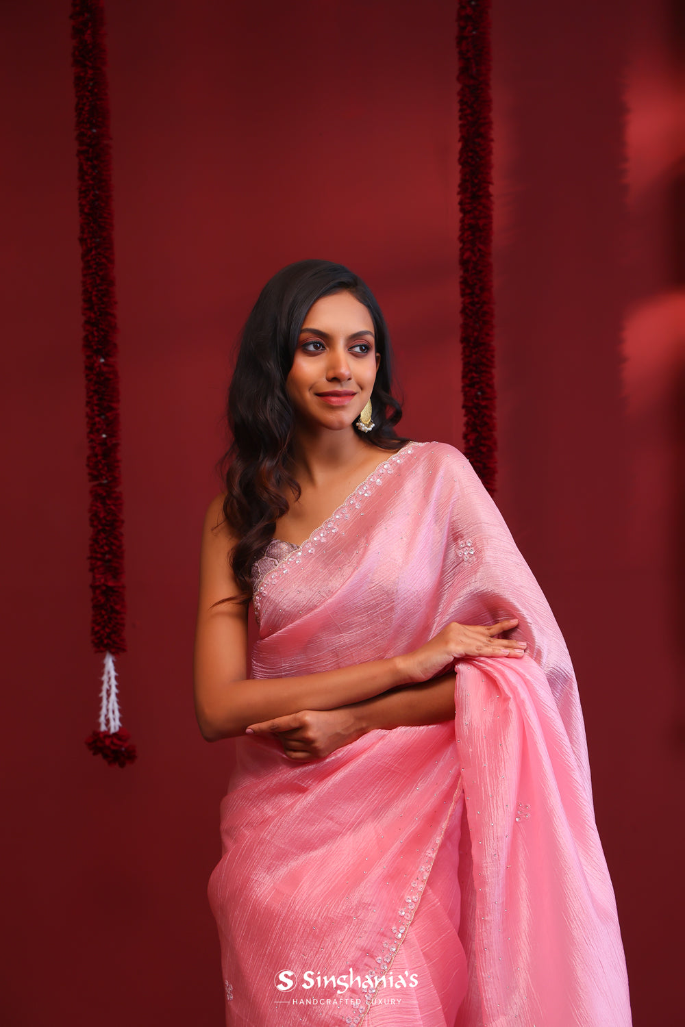 Shampoo Pink Handcrafted Organza Saree