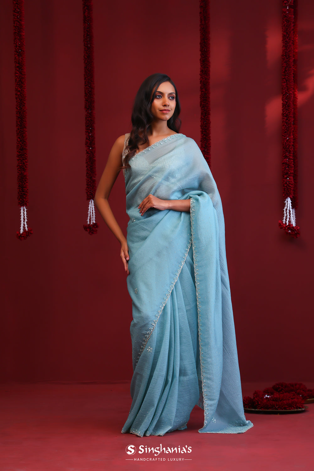 Sky Blue Organza Saree With Hand Embroidery