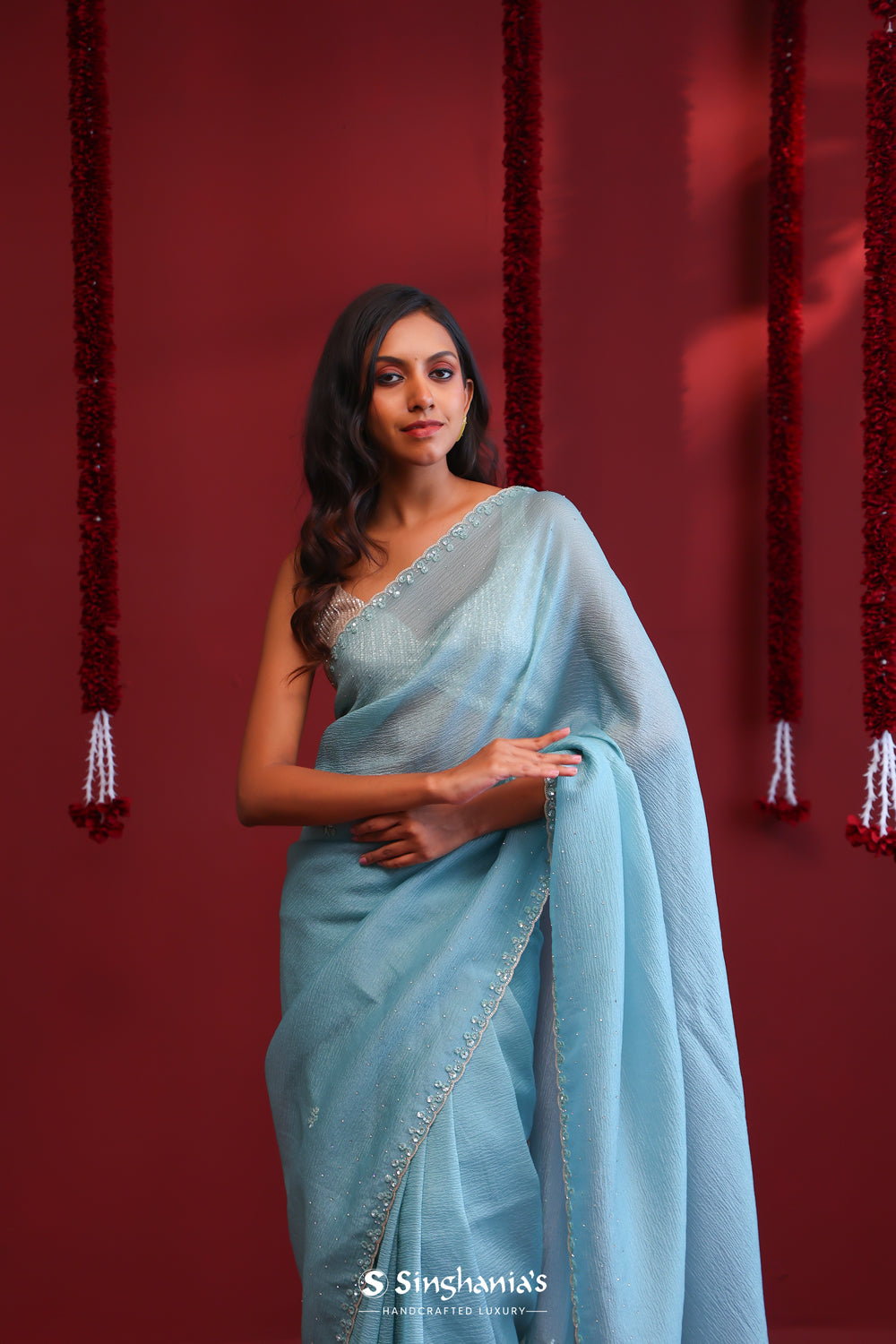 Sky Blue Organza Saree With Hand Embroidery