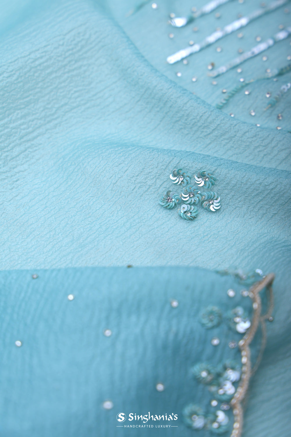 Sky Blue Organza Saree With Hand Embroidery