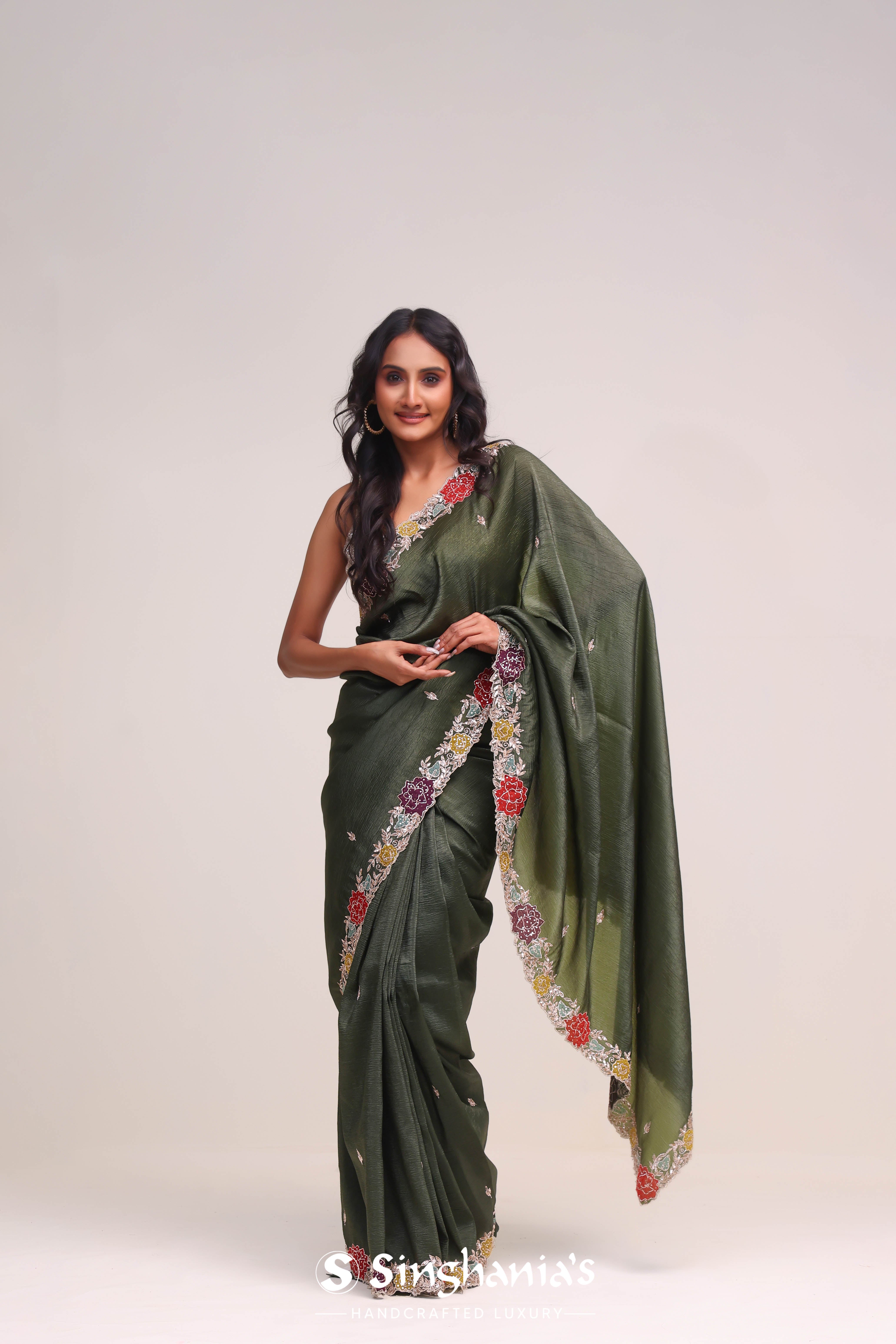 Rifle Green Organza Handcrafted Saree