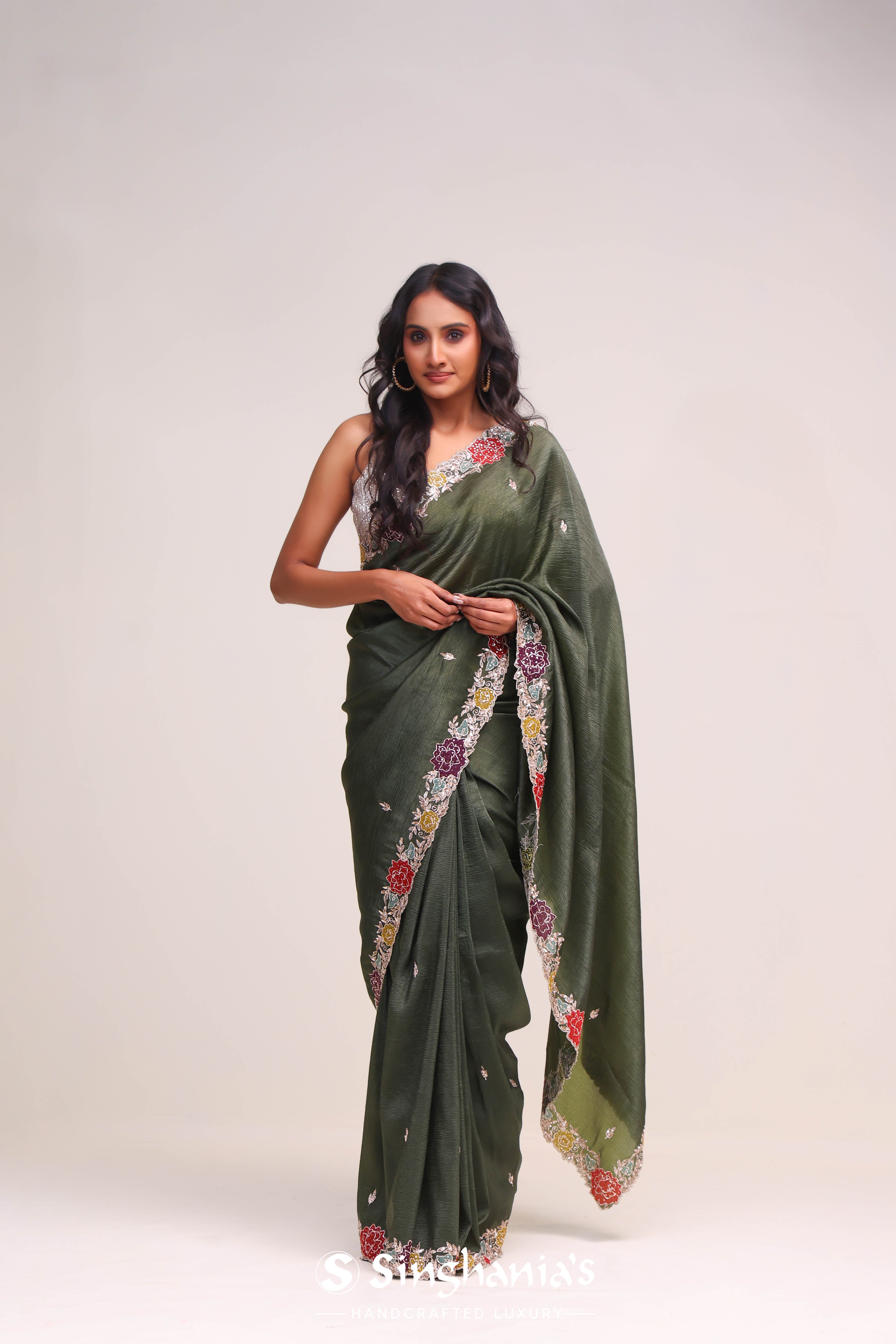 Rifle Green Organza Handcrafted Saree