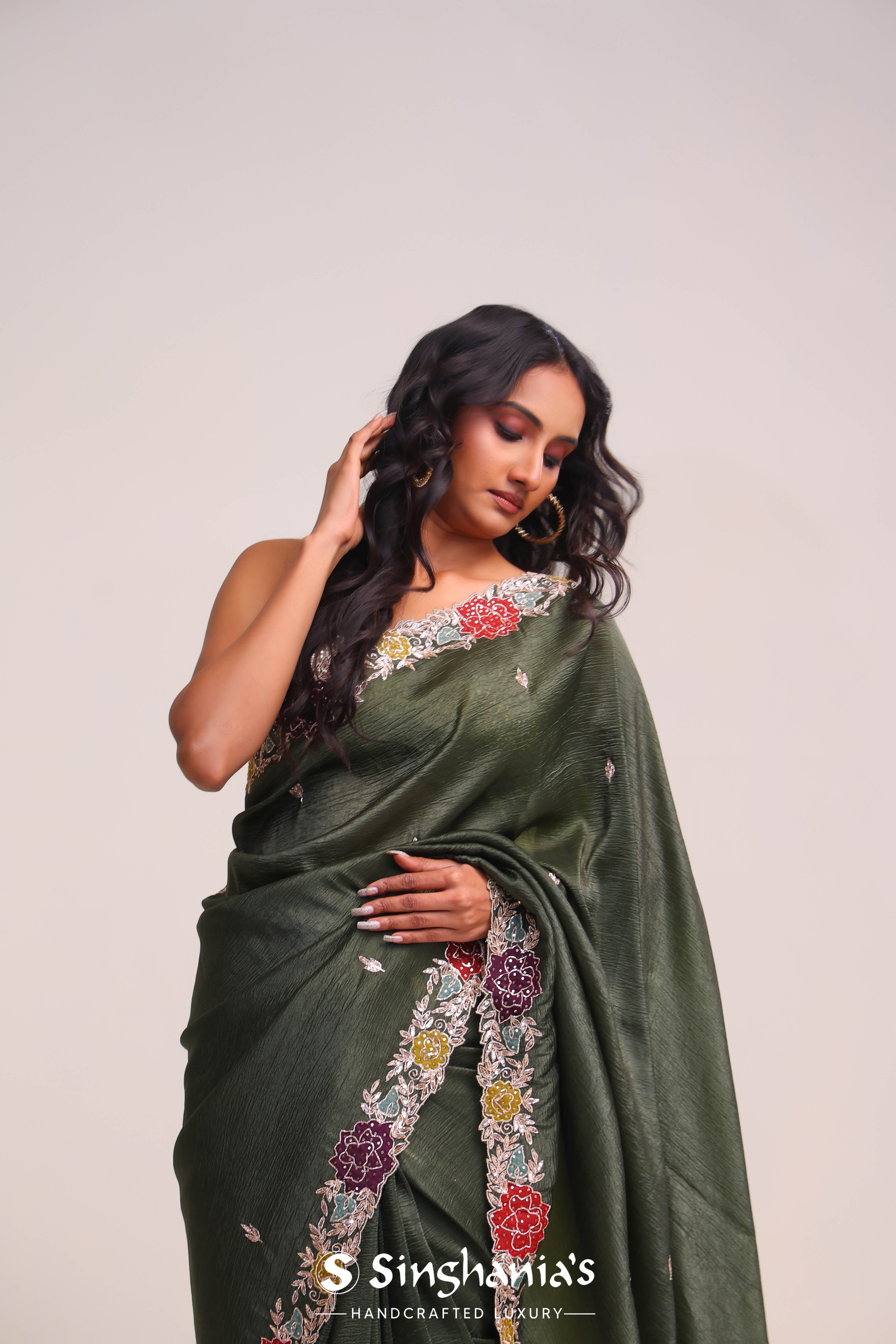 Rifle Green Organza Handcrafted Saree