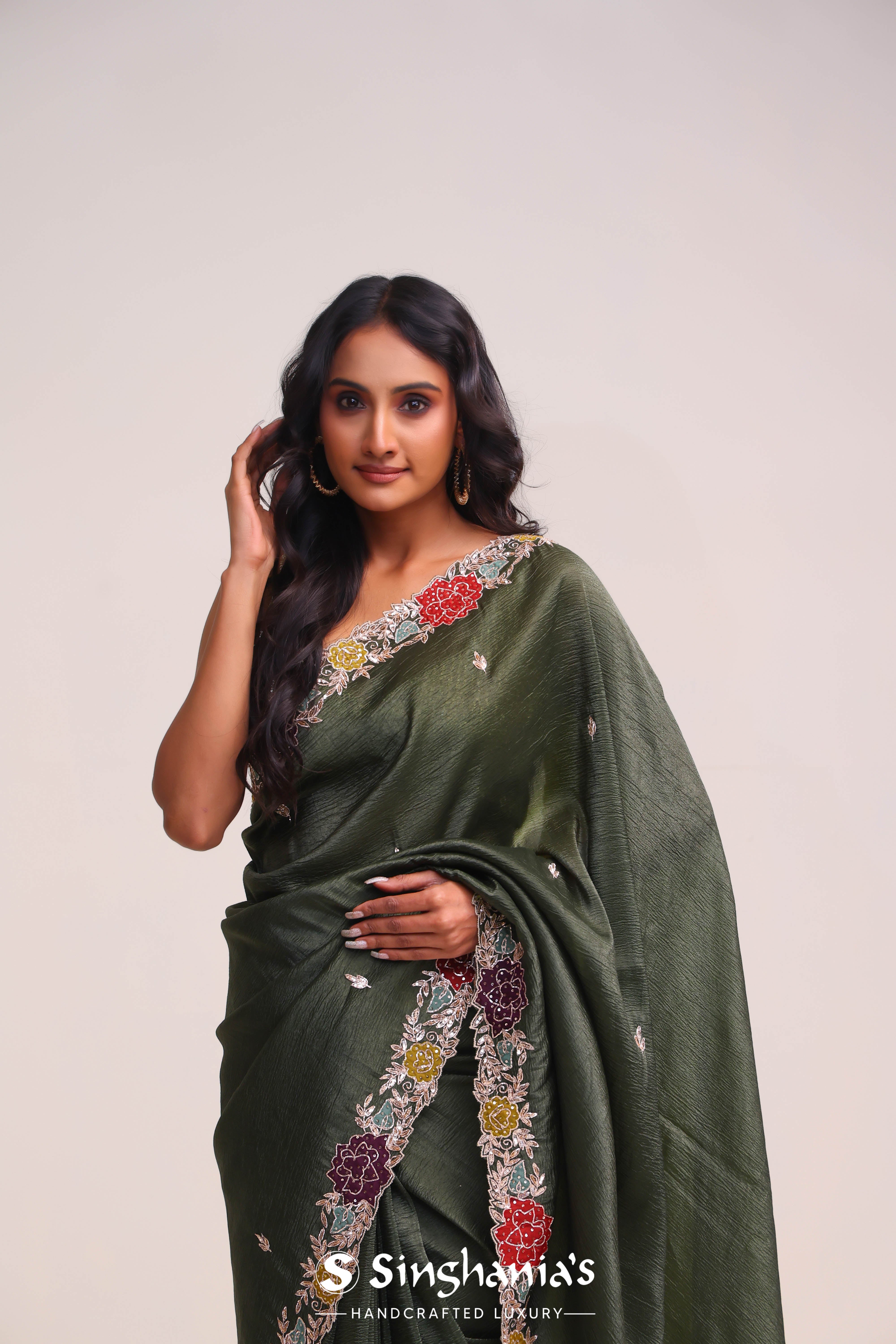 Rifle Green Organza Handcrafted Saree