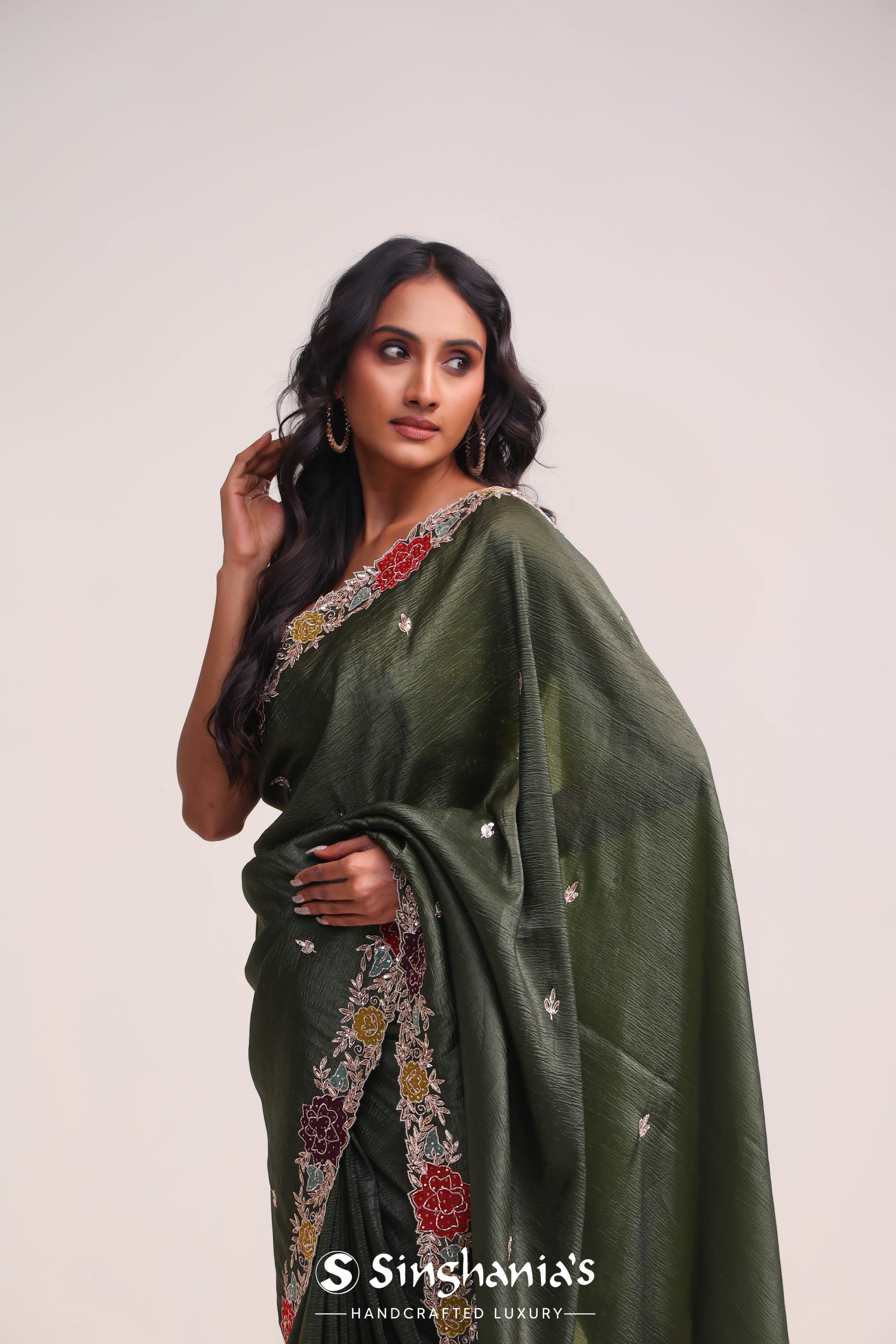 Rifle Green Organza Handcrafted Saree