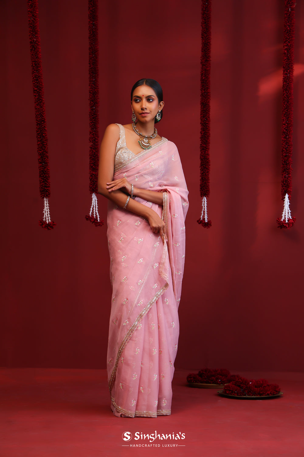 Light Pink Handcrafted Organza Saree