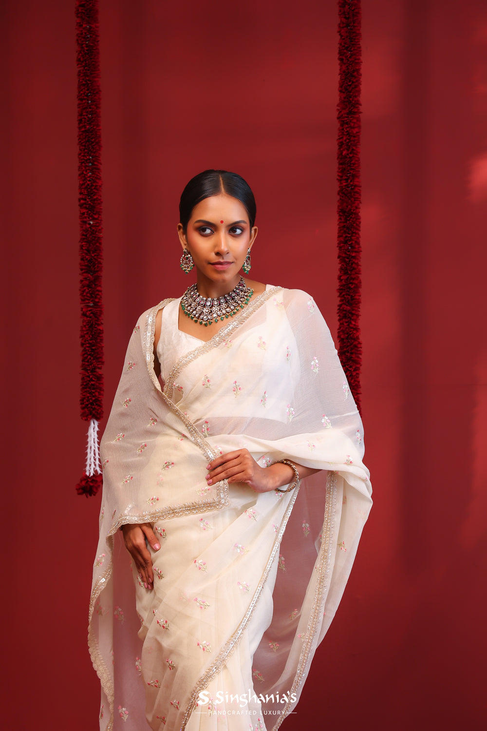 Cream White Handcrafted Organza Saree