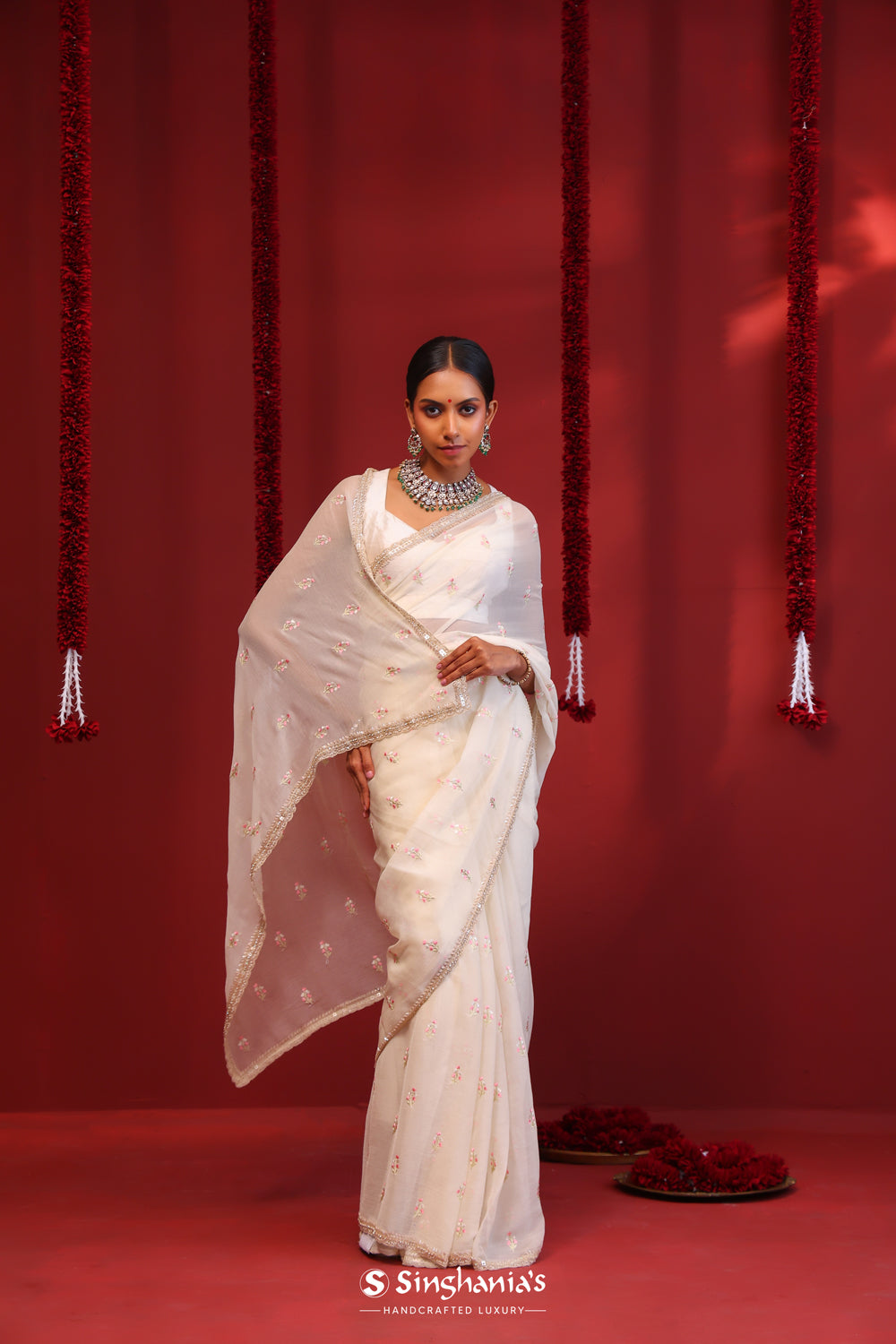 Cream White Handcrafted Organza Saree