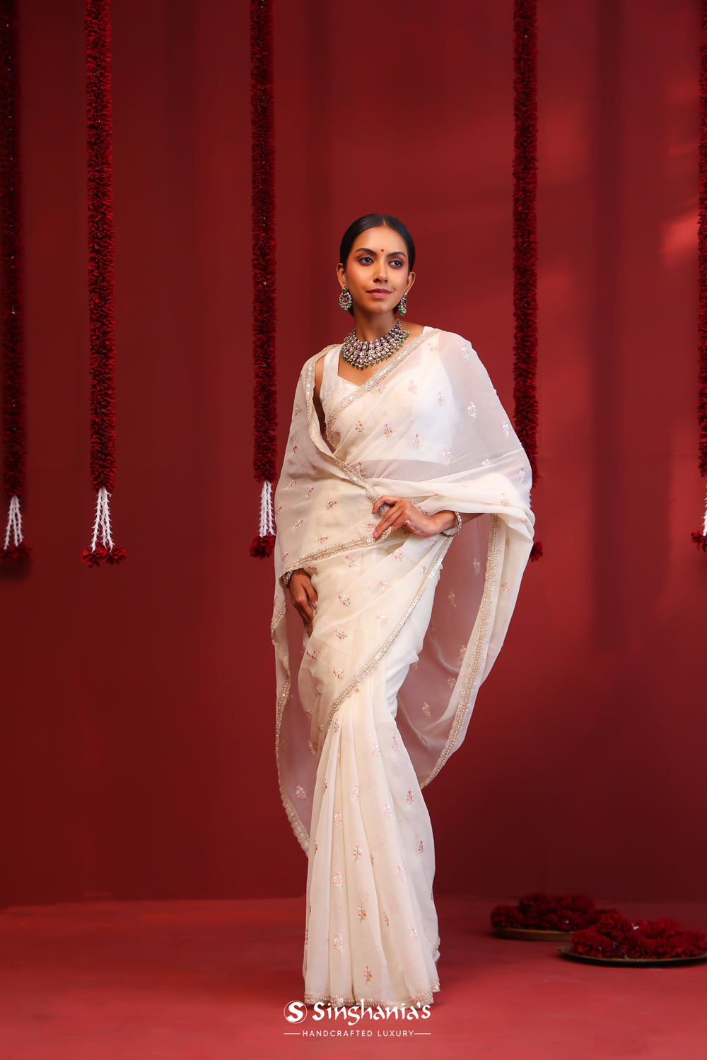 Cream White Handcrafted Organza Saree