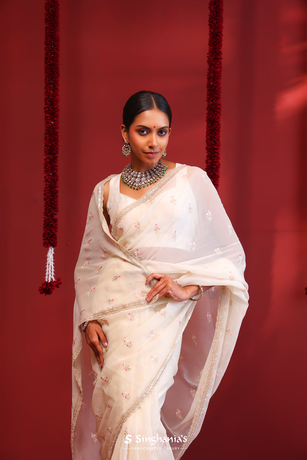 Cream White Handcrafted Organza Saree