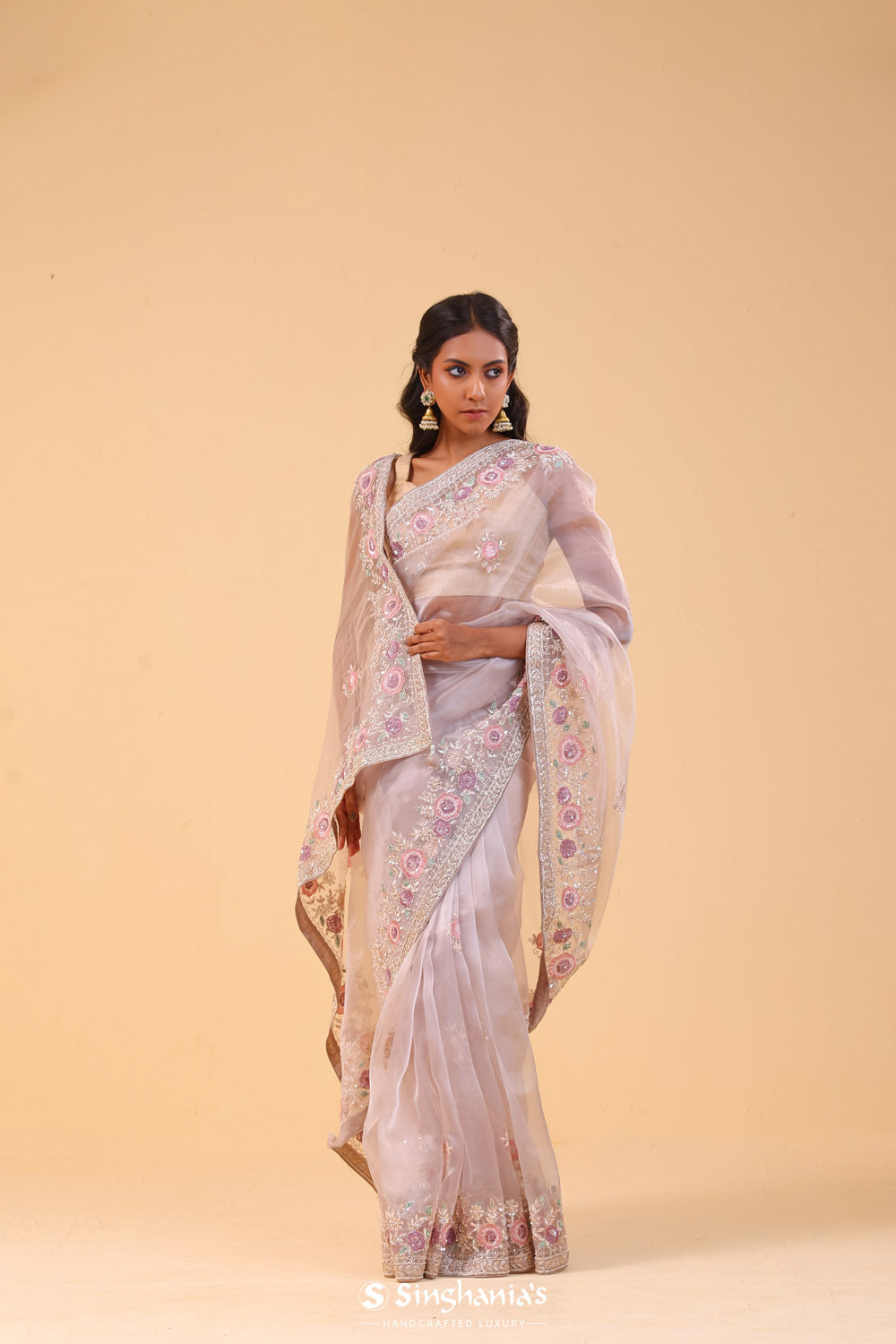 Grey White Handcrafted Saree