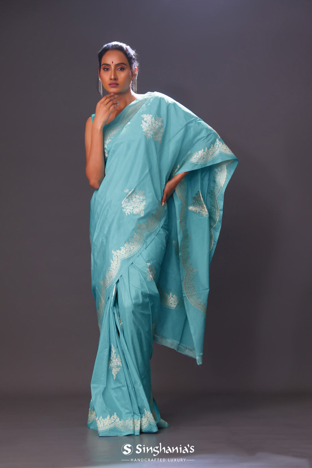 Turquoise Blue Butta Banarasi Silk Saree