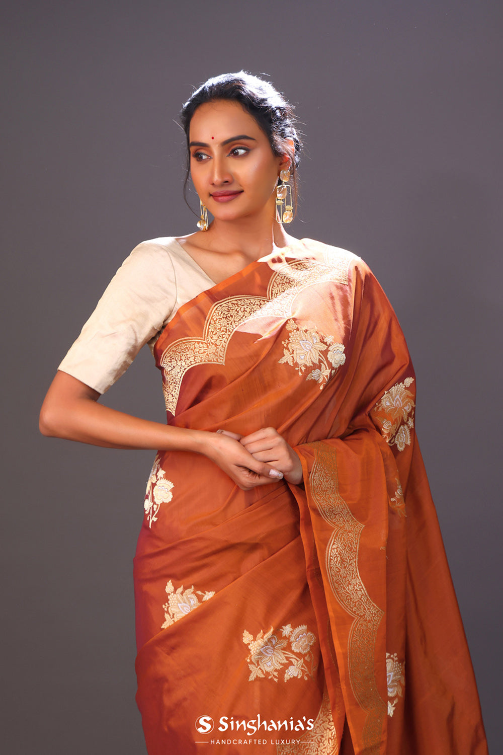 Burnt Orange Butta Banarasi Silk Saree